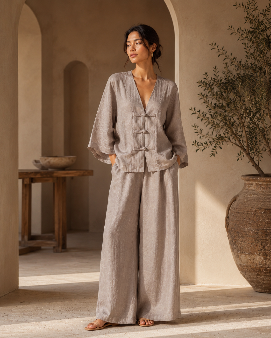 SHELLA — Ensemble en lin : top col V à boutons brandebourgs & pantalon large / Linen-Blend Frog Button Co-Ord Set: V-Neck Top & Wide-Leg Pants / طقم من الكتان: توب برقبة V بأزرار صينية وبنطلون واسع