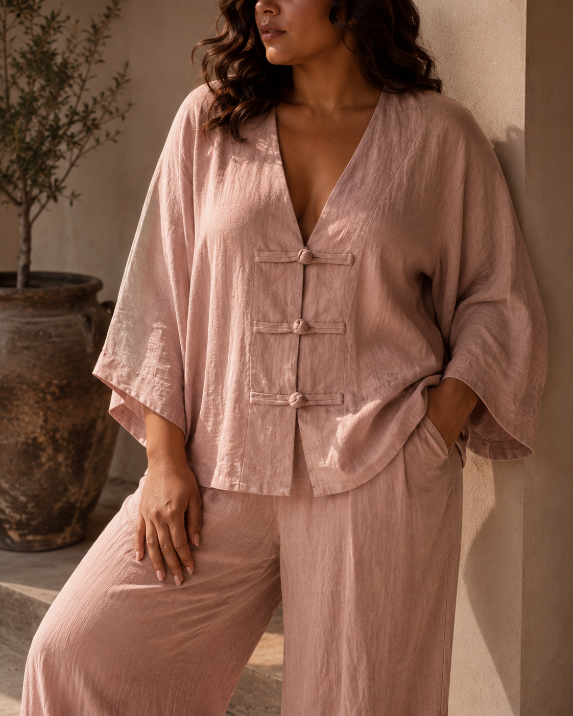SHELLA — Ensemble en lin : top col V à boutons brandebourgs & pantalon large / Linen-Blend Frog Button Co-Ord Set: V-Neck Top & Wide-Leg Pants / طقم من الكتان: توب برقبة V بأزرار صينية وبنطلون واسع