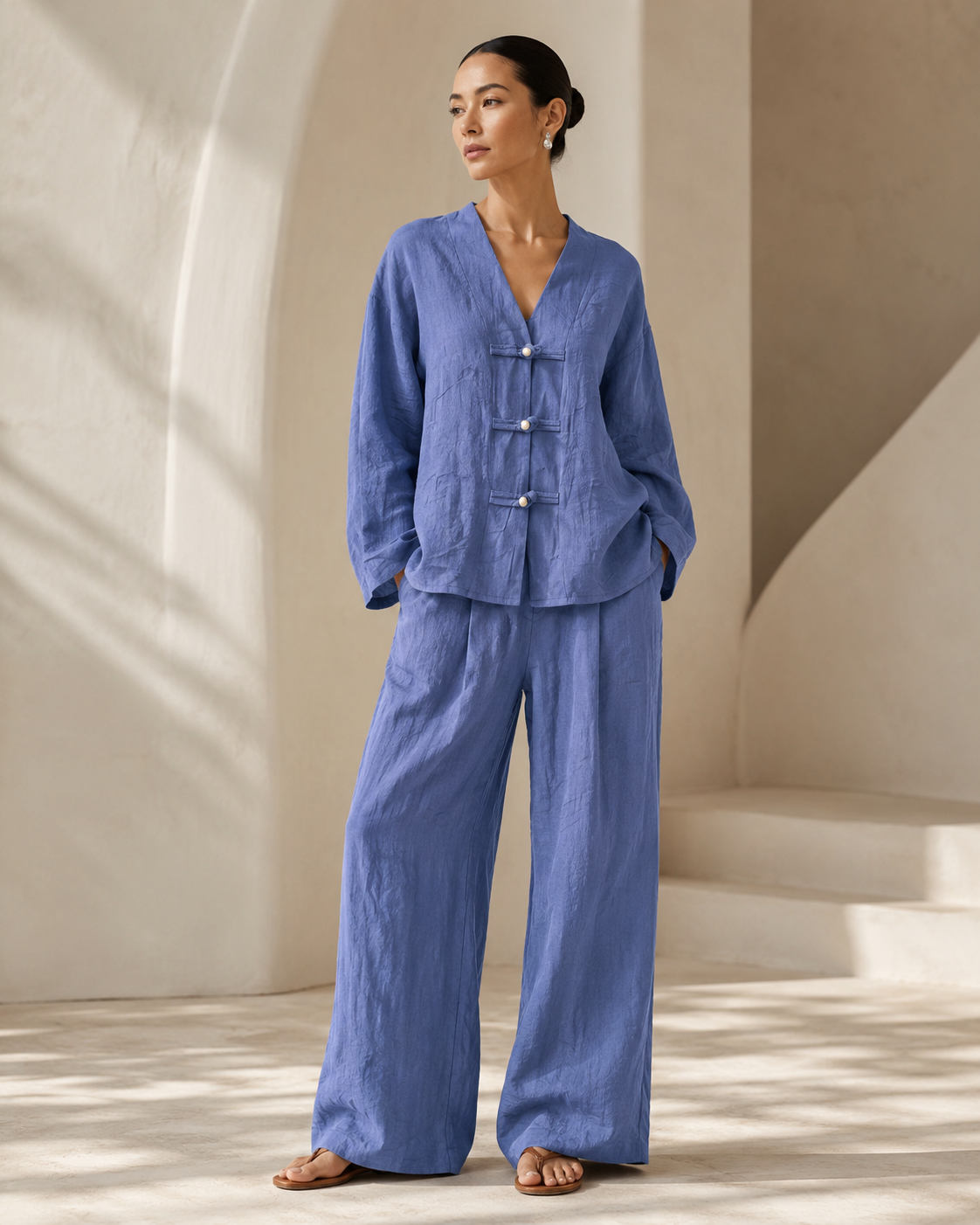 SHELLA — Ensemble en lin : top col V à boutons brandebourgs & pantalon large / Linen-Blend Frog Button Co-Ord Set: V-Neck Top & Wide-Leg Pants / طقم من الكتان: توب برقبة V بأزرار صينية وبنطلون واسع