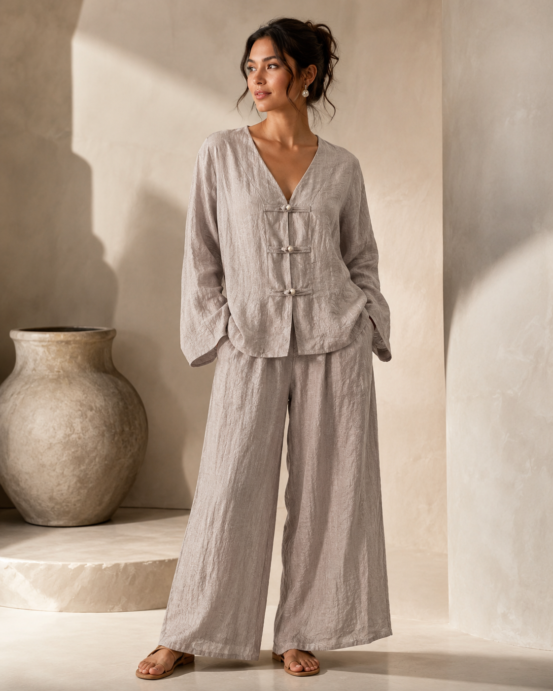 SHELLA — Ensemble en lin : top col V à boutons brandebourgs & pantalon large / Linen-Blend Frog Button Co-Ord Set: V-Neck Top & Wide-Leg Pants / طقم من الكتان: توب برقبة V بأزرار صينية وبنطلون واسع