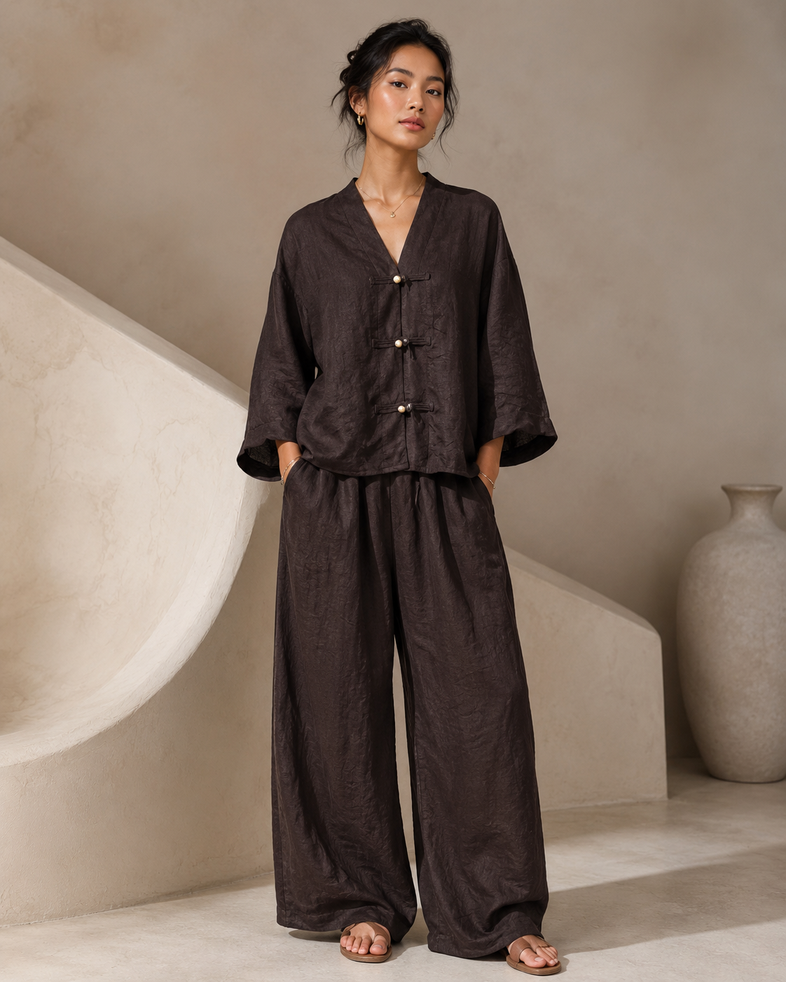 SHELLA — Ensemble en lin : top col V à boutons brandebourgs & pantalon large / Linen-Blend Frog Button Co-Ord Set: V-Neck Top & Wide-Leg Pants / طقم من الكتان: توب برقبة V بأزرار صينية وبنطلون واسع