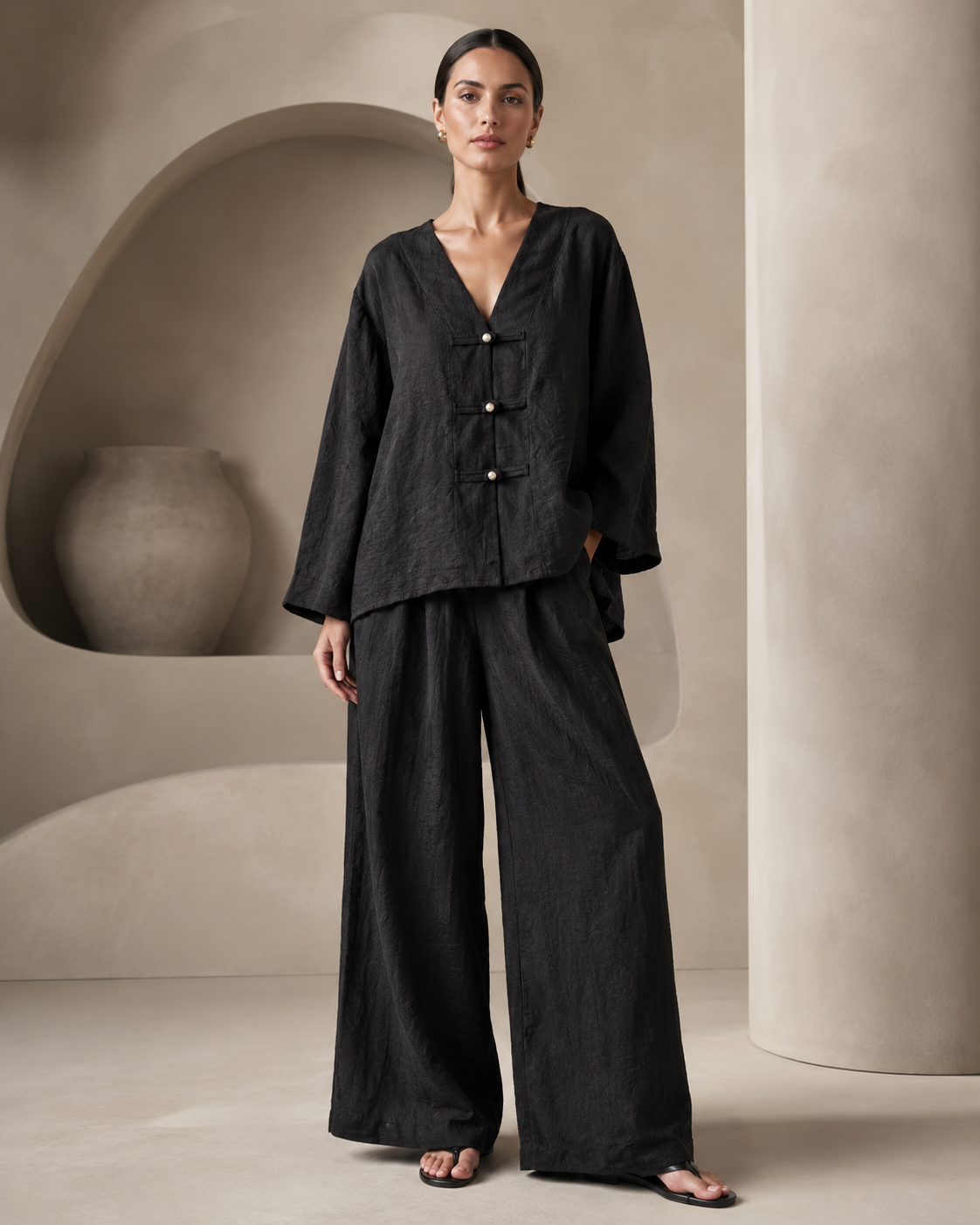 SHELLA — Ensemble en lin : top col V à boutons brandebourgs & pantalon large / Linen-Blend Frog Button Co-Ord Set: V-Neck Top & Wide-Leg Pants / طقم من الكتان: توب برقبة V بأزرار صينية وبنطلون واسع