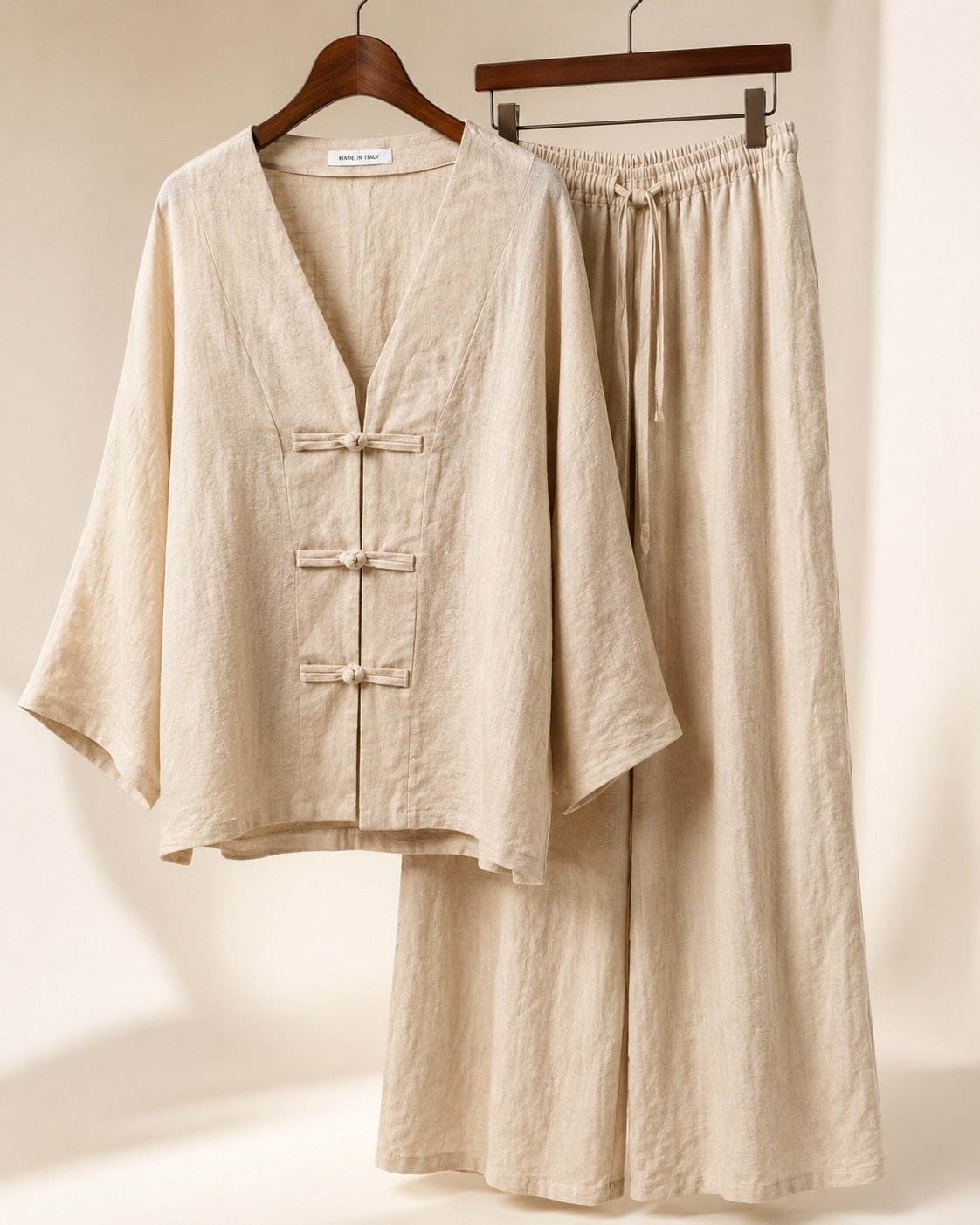 SHELLA — Ensemble en lin : top col V à boutons brandebourgs & pantalon large / Linen-Blend Frog Button Co-Ord Set: V-Neck Top & Wide-Leg Pants / طقم من الكتان: توب برقبة V بأزرار صينية وبنطلون واسع