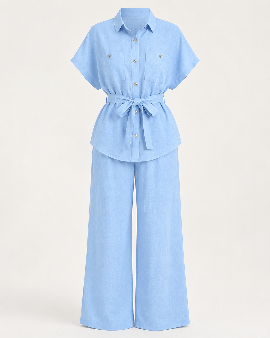 SHELLA — Ensemble effet lin : chemise ceinturée & pantalon large / Linen-Look Belted Two-Piece Set / طقم نسائي قطعتين قميص بحزام وبنطال واسع بتأثير الكتان