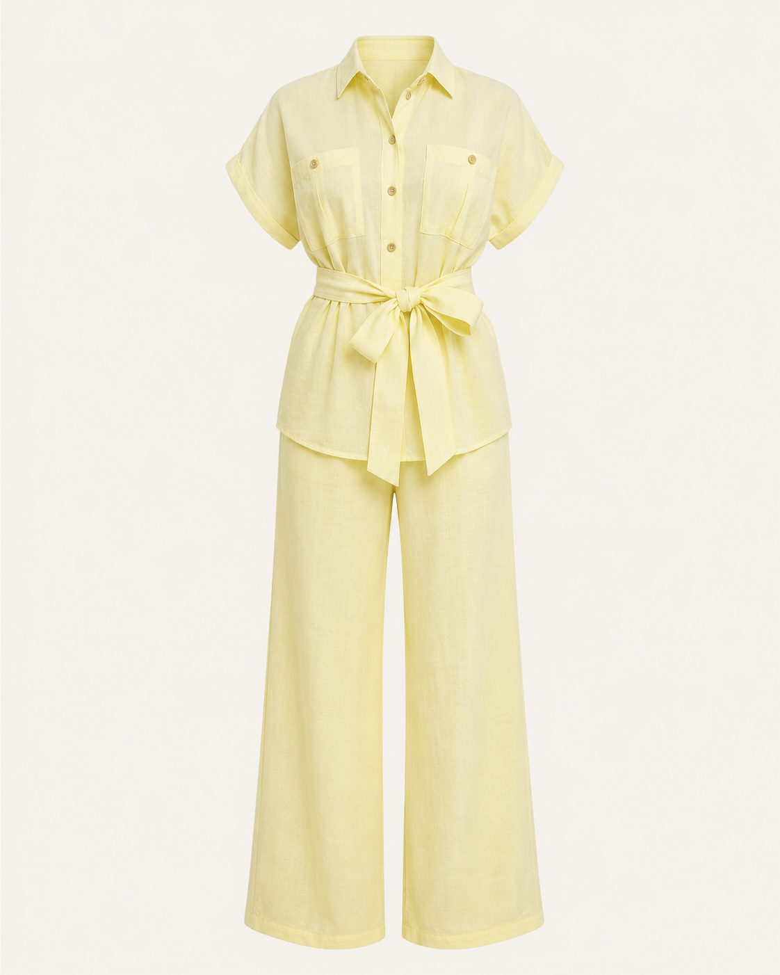 SHELLA — Ensemble effet lin : chemise ceinturée & pantalon large / Linen-Look Belted Two-Piece Set / طقم نسائي قطعتين قميص بحزام وبنطال واسع بتأثير الكتان