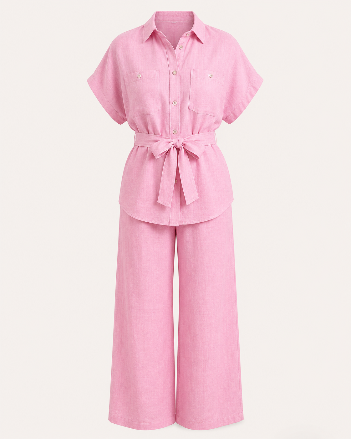 SHELLA — Ensemble effet lin : chemise ceinturée & pantalon large / Linen-Look Belted Two-Piece Set / طقم نسائي قطعتين قميص بحزام وبنطال واسع بتأثير الكتان