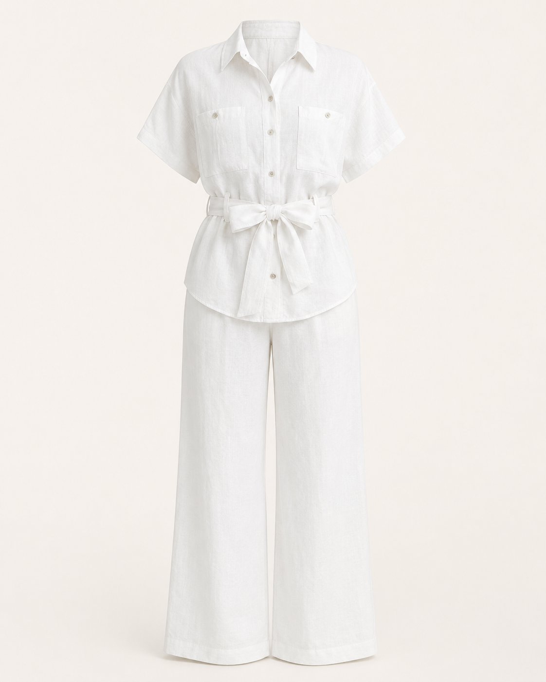 SHELLA — Ensemble effet lin : chemise ceinturée & pantalon large / Linen-Look Belted Two-Piece Set / طقم نسائي قطعتين قميص بحزام وبنطال واسع بتأثير الكتان