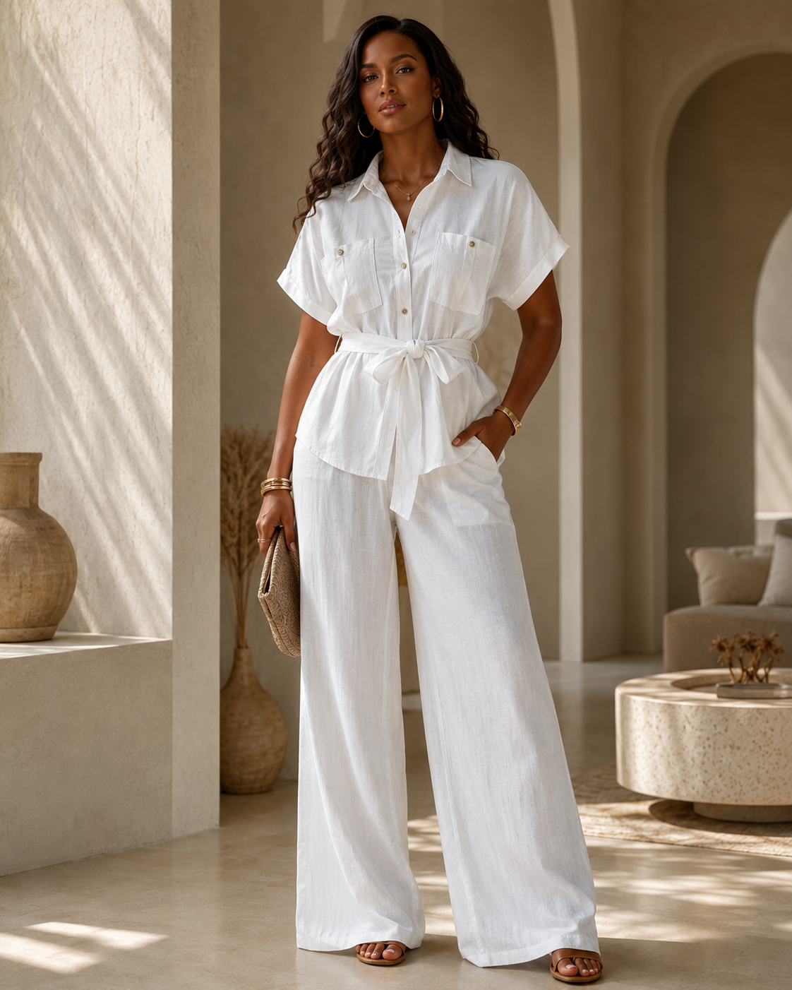 SHELLA — Ensemble effet lin : chemise ceinturée & pantalon large / Linen-Look Belted Two-Piece Set / طقم نسائي قطعتين قميص بحزام وبنطال واسع بتأثير الكتان