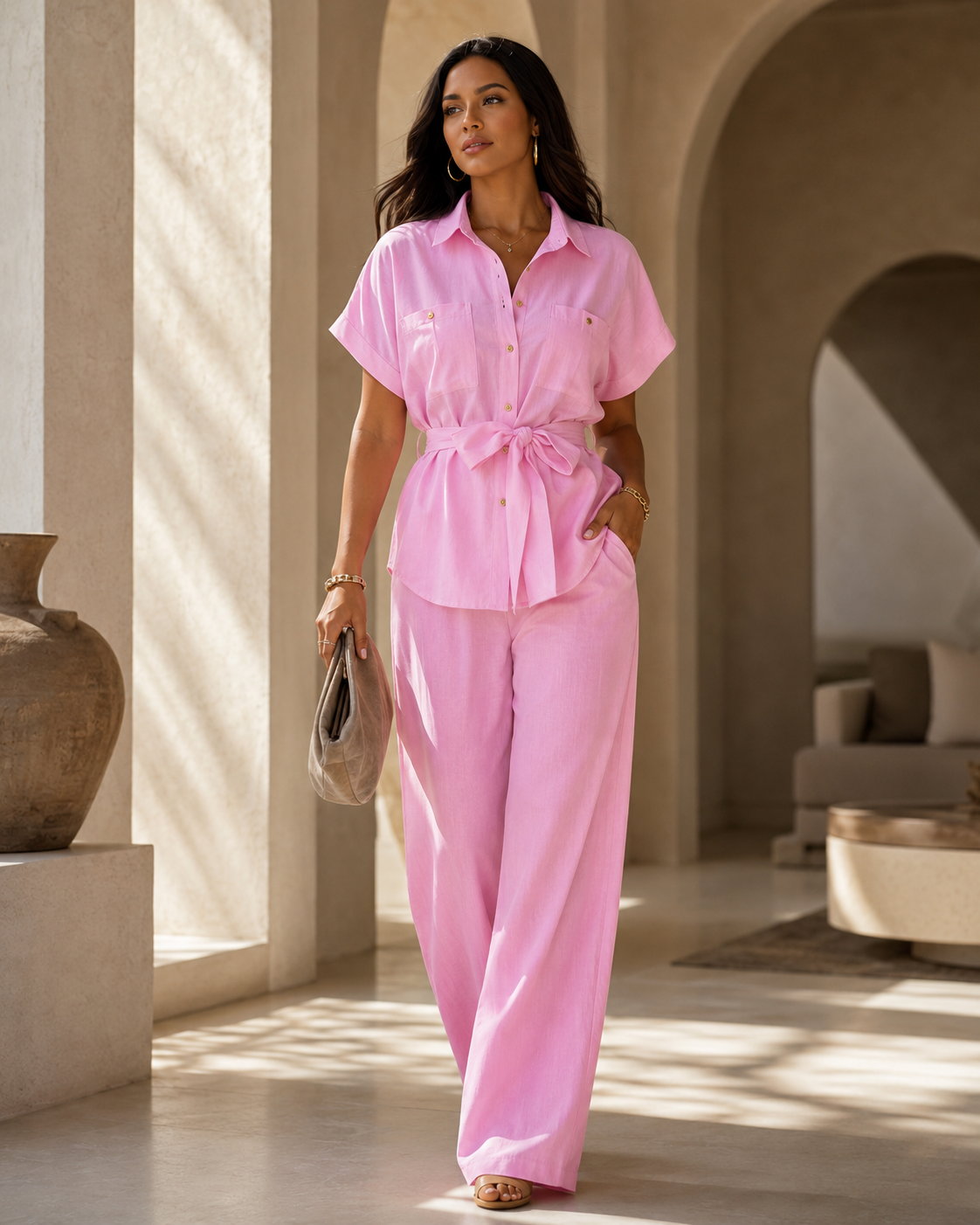 SHELLA — Ensemble effet lin : chemise ceinturée & pantalon large / Linen-Look Belted Two-Piece Set / طقم نسائي قطعتين قميص بحزام وبنطال واسع بتأثير الكتان