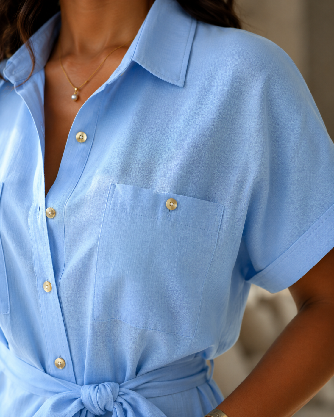 SHELLA — Ensemble effet lin : chemise ceinturée & pantalon large / Linen-Look Belted Two-Piece Set / طقم نسائي قطعتين قميص بحزام وبنطال واسع بتأثير الكتان