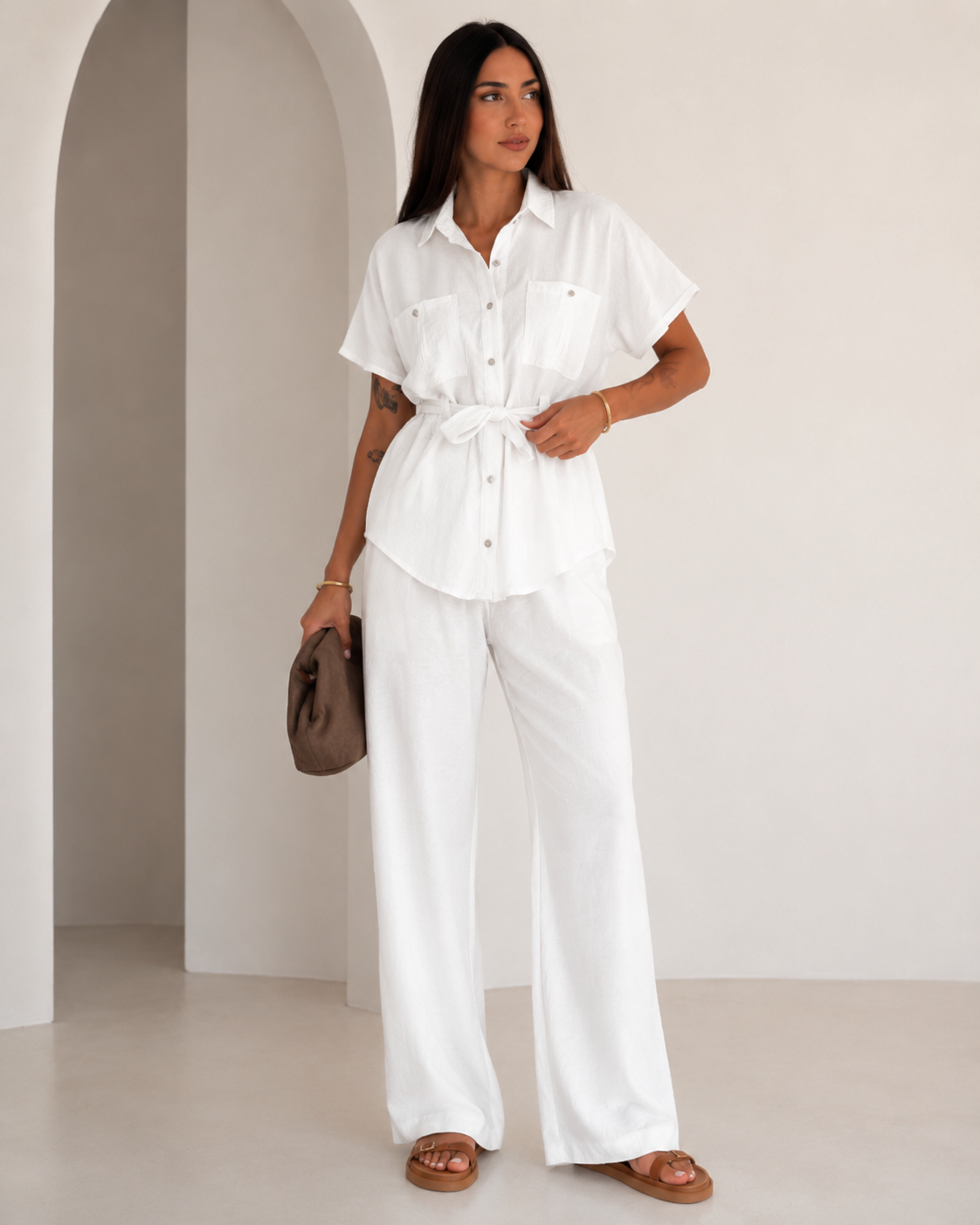 SHELLA — Ensemble effet lin : chemise ceinturée & pantalon large / Linen-Look Belted Two-Piece Set / طقم نسائي قطعتين قميص بحزام وبنطال واسع بتأثير الكتان