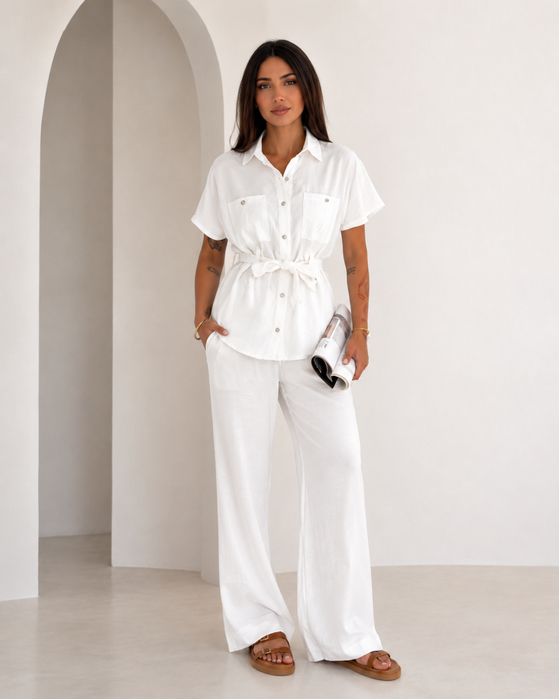 SHELLA — Ensemble effet lin : chemise ceinturée & pantalon large / Linen-Look Belted Two-Piece Set / طقم نسائي قطعتين قميص بحزام وبنطال واسع بتأثير الكتان