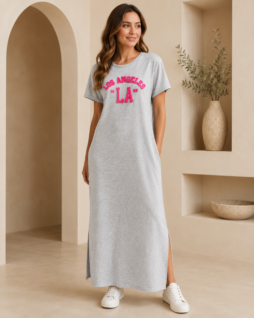 Women's Los Angeles Chenille Lettering Maxi T-Shirt Dress