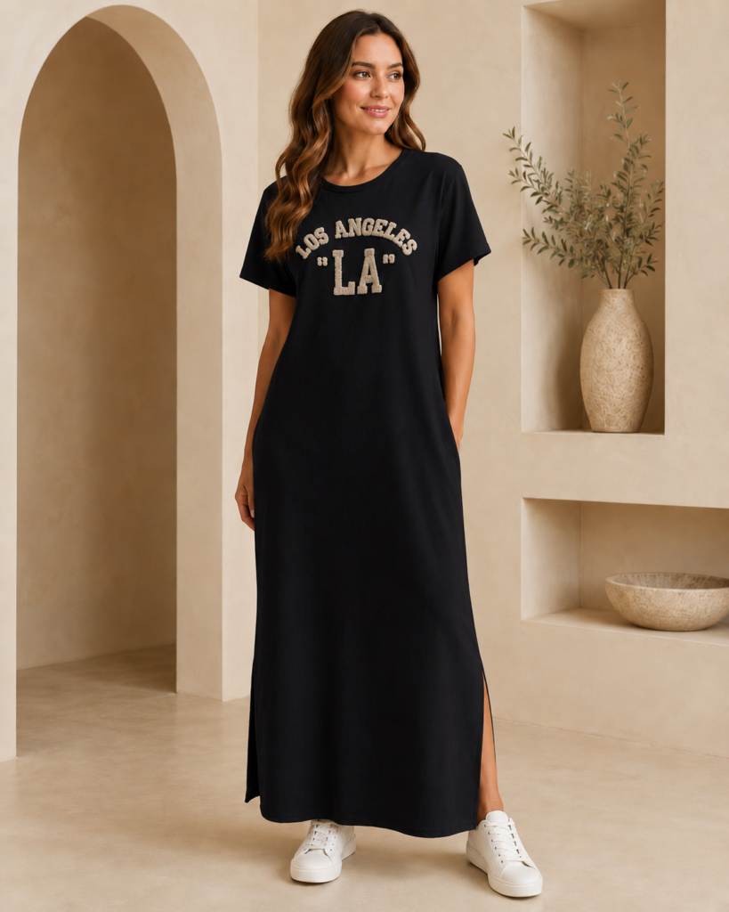 Women's Los Angeles Chenille Lettering Maxi T-Shirt Dress