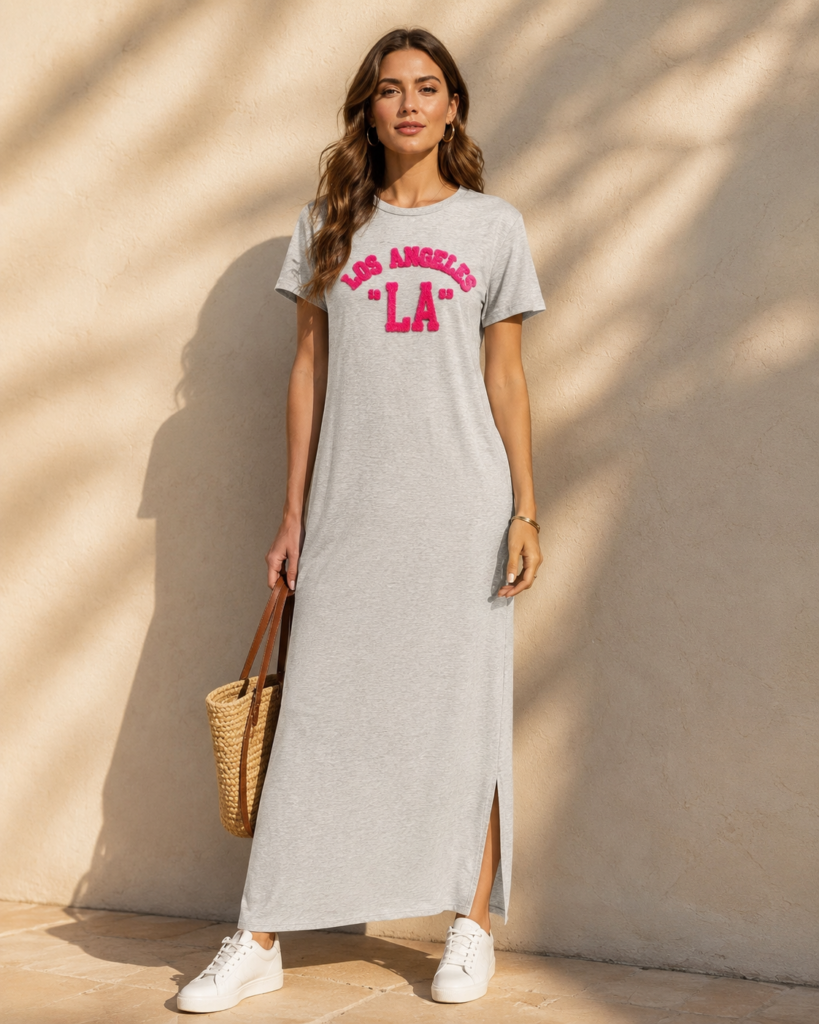 Women's Los Angeles Chenille Lettering Maxi T-Shirt Dress