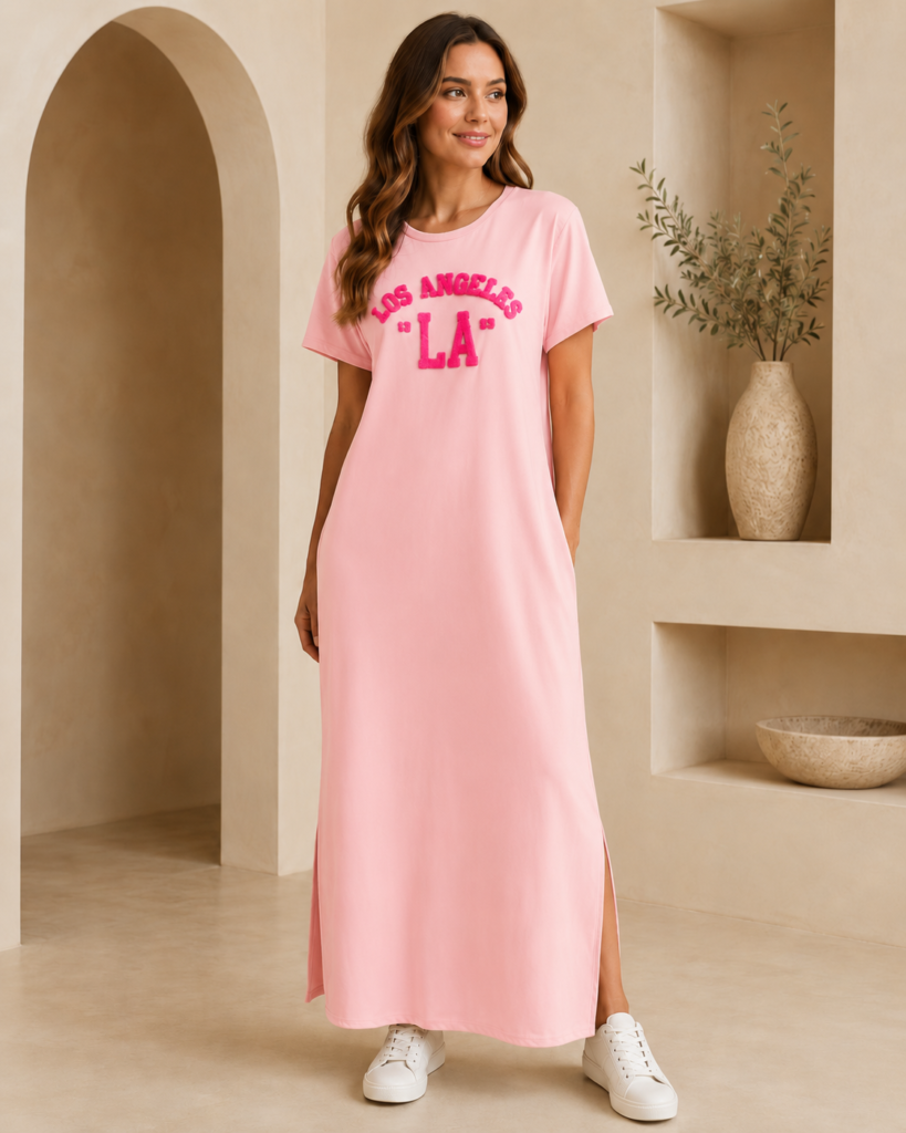 Women's Los Angeles Chenille Lettering Maxi T-Shirt Dress