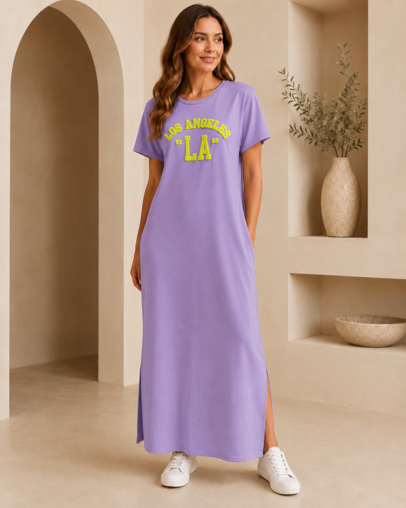 Women's Los Angeles Chenille Lettering Maxi T-Shirt Dress