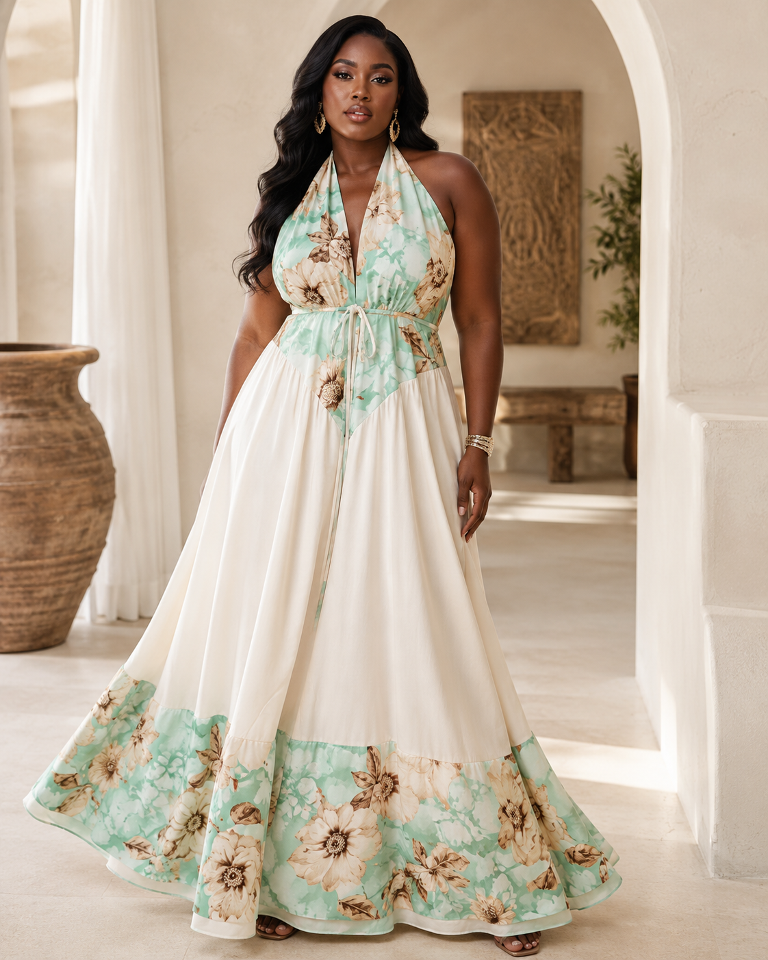SHELLA — Robe longue fleurie menthe dos-nu à taille nouée / Mint Floral Halter Tie-Waist Maxi Dress / فستان طويل مزهّر منعنع برقبة هالتر وخصر مربوط