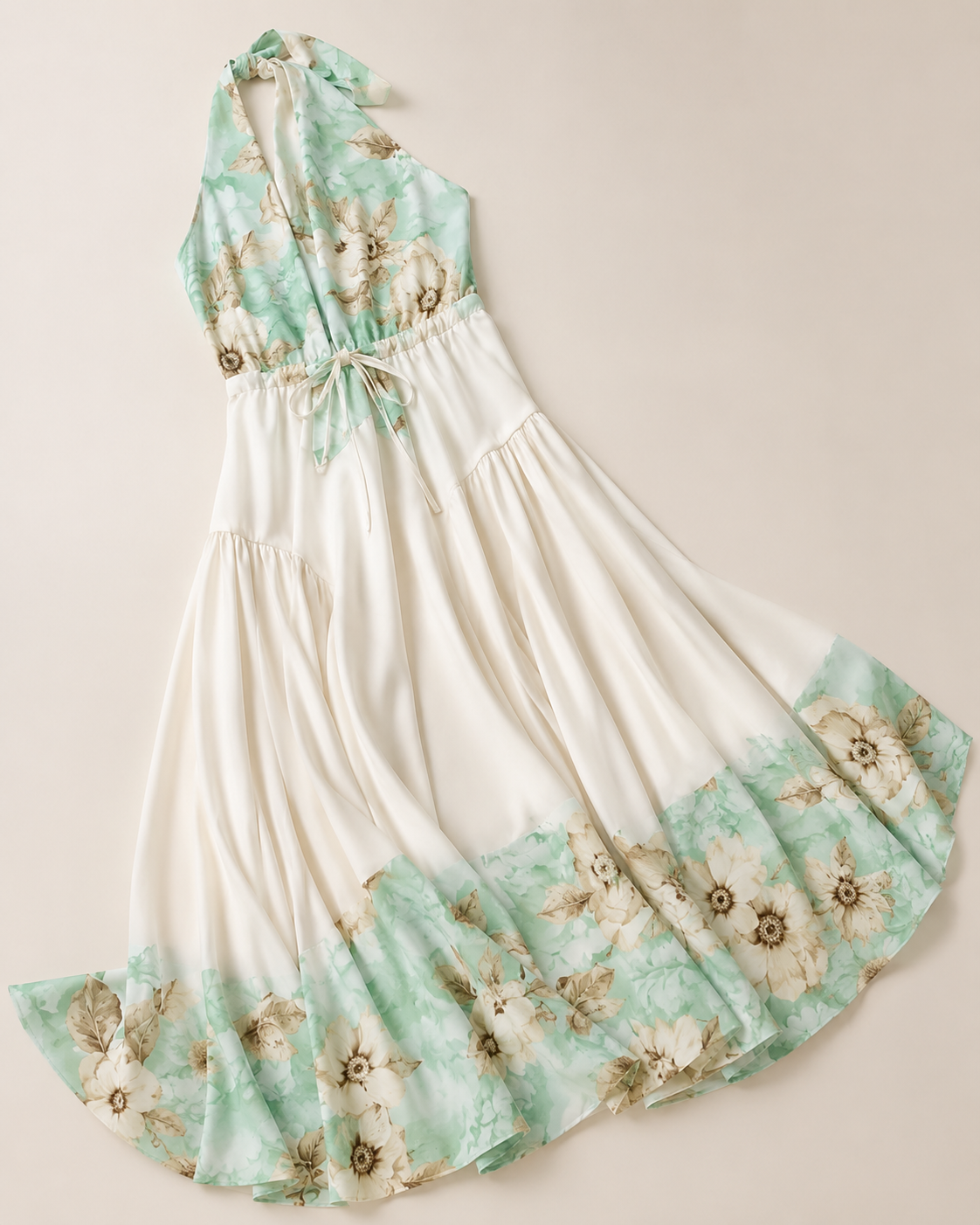 SHELLA — Robe longue fleurie menthe dos-nu à taille nouée / Mint Floral Halter Tie-Waist Maxi Dress / فستان طويل مزهّر منعنع برقبة هالتر وخصر مربوط