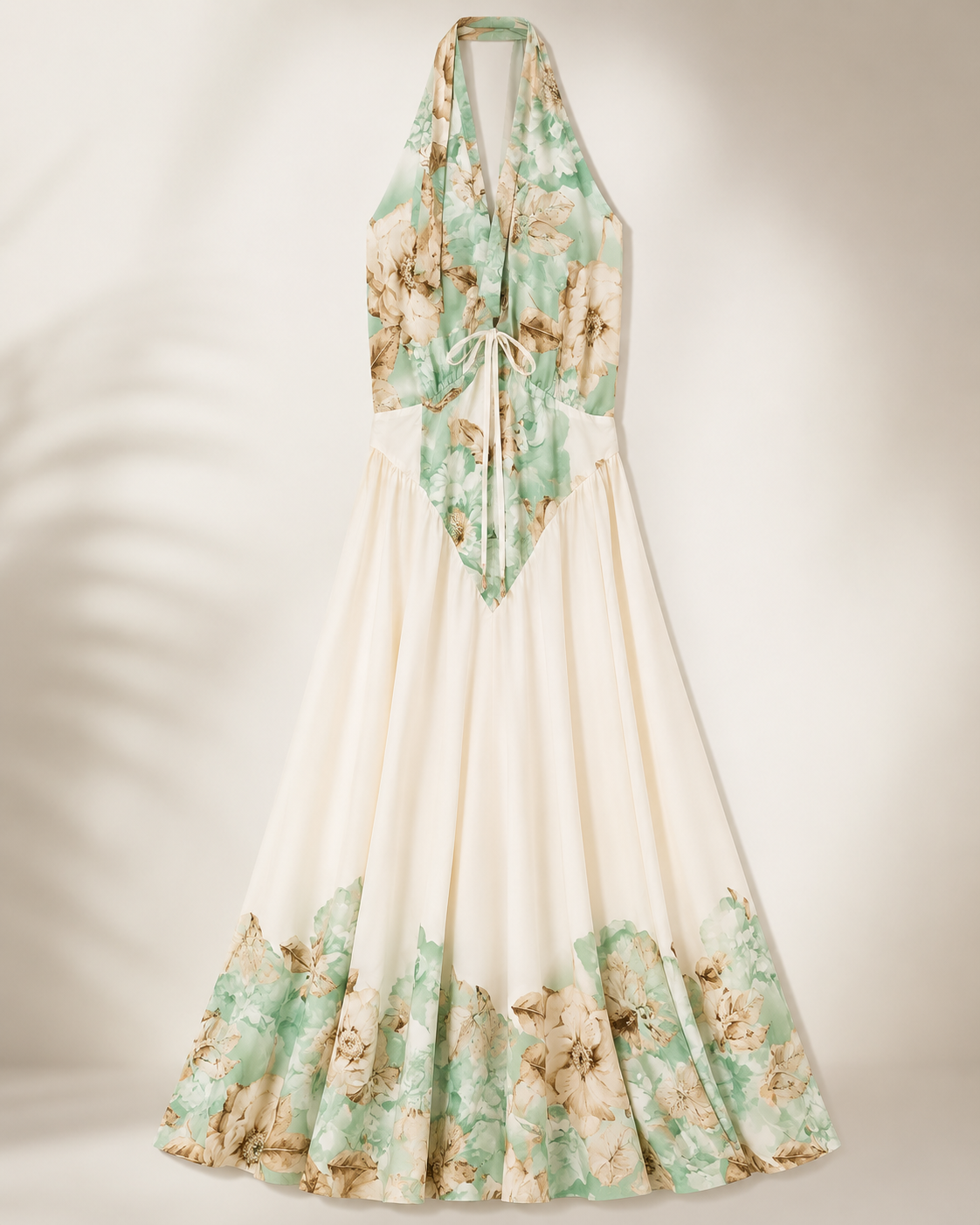 SHELLA — Robe longue fleurie menthe dos-nu à taille nouée / Mint Floral Halter Tie-Waist Maxi Dress / فستان طويل مزهّر منعنع برقبة هالتر وخصر مربوط