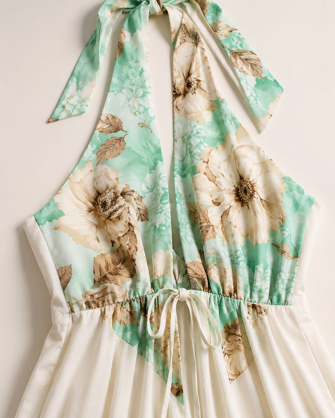 SHELLA — Robe longue fleurie menthe dos-nu à taille nouée / Mint Floral Halter Tie-Waist Maxi Dress / فستان طويل مزهّر منعنع برقبة هالتر وخصر مربوط