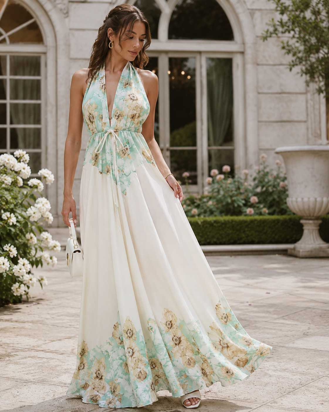 SHELLA — Robe longue fleurie menthe dos-nu à taille nouée / Mint Floral Halter Tie-Waist Maxi Dress / فستان طويل مزهّر منعنع برقبة هالتر وخصر مربوط