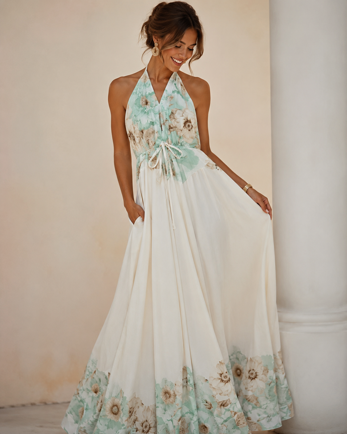 SHELLA — Robe longue fleurie menthe dos-nu à taille nouée / Mint Floral Halter Tie-Waist Maxi Dress / فستان طويل مزهّر منعنع برقبة هالتر وخصر مربوط