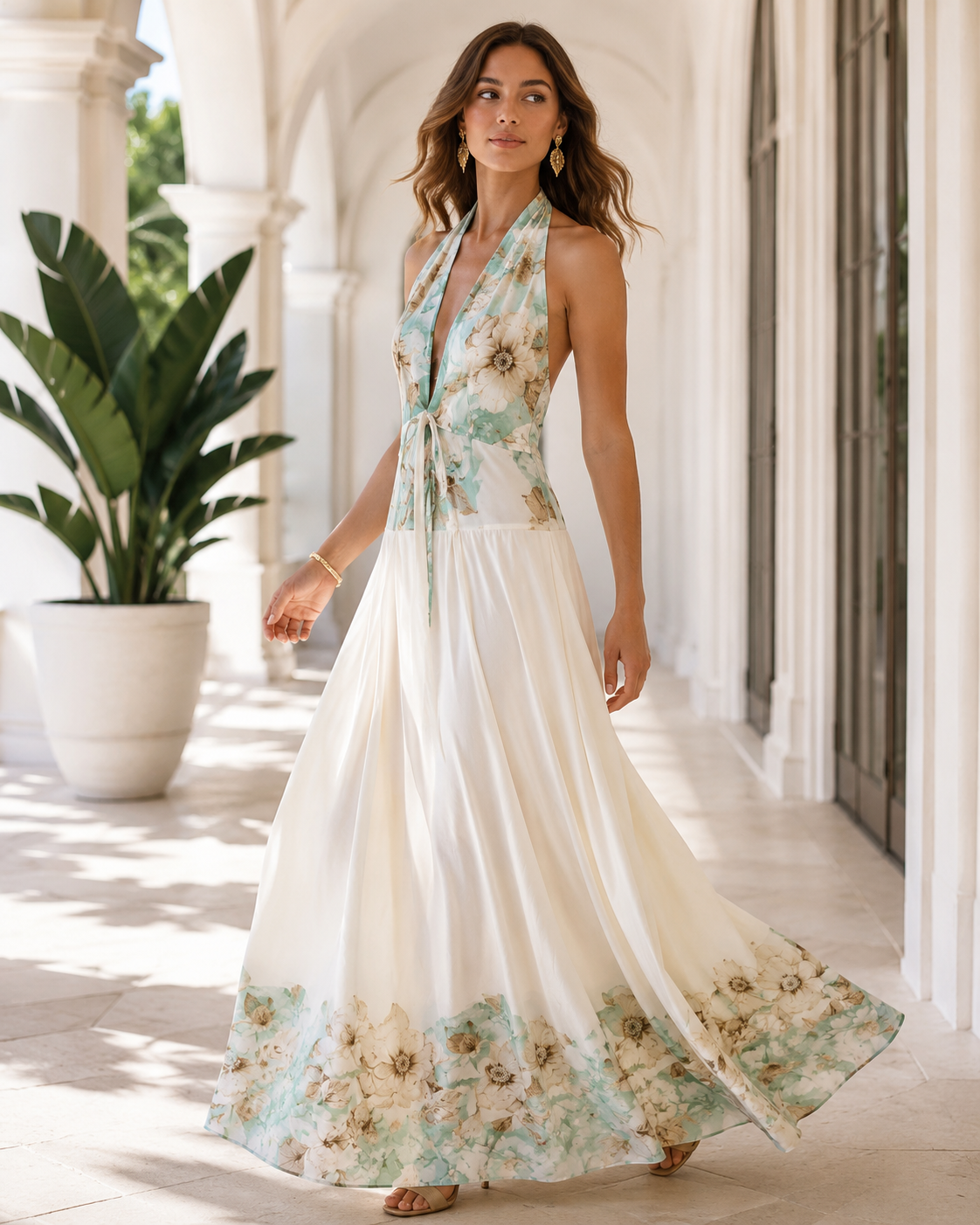 SHELLA — Robe longue fleurie menthe dos-nu à taille nouée / Mint Floral Halter Tie-Waist Maxi Dress / فستان طويل مزهّر منعنع برقبة هالتر وخصر مربوط
