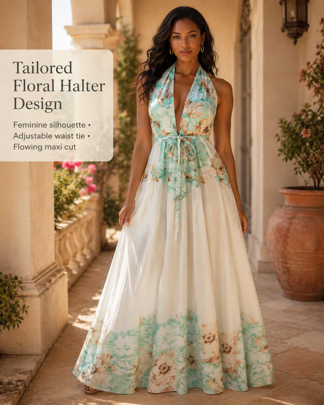 SHELLA — Robe longue fleurie menthe dos-nu à taille nouée / Mint Floral Halter Tie-Waist Maxi Dress / فستان طويل مزهّر منعنع برقبة هالتر وخصر مربوط