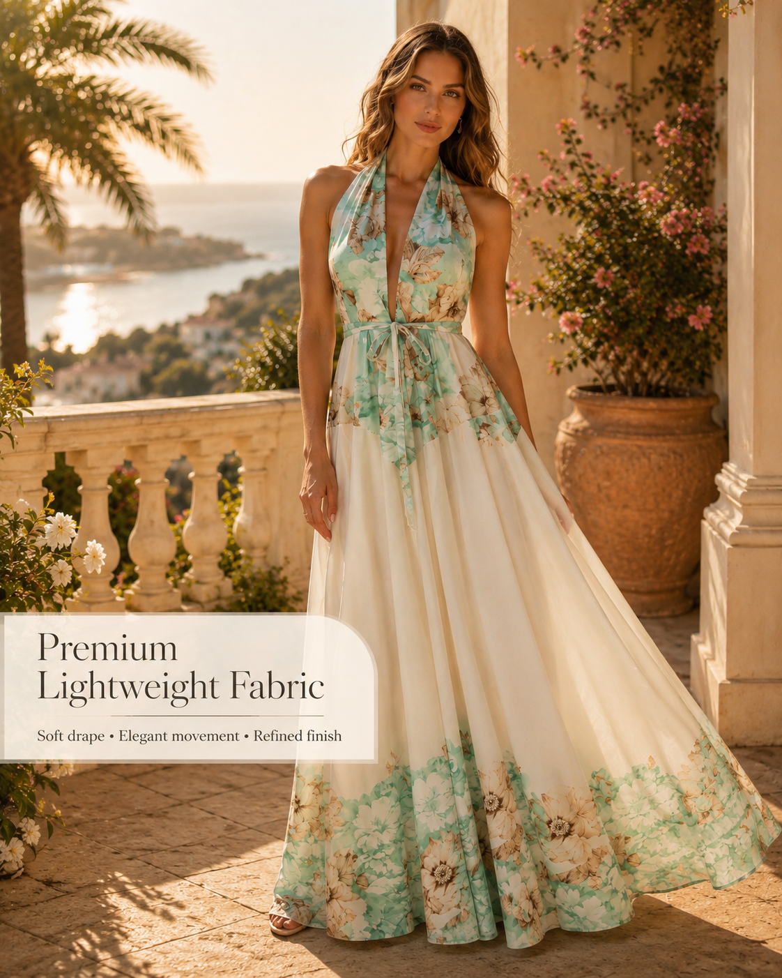 SHELLA — Robe longue fleurie menthe dos-nu à taille nouée / Mint Floral Halter Tie-Waist Maxi Dress / فستان طويل مزهّر منعنع برقبة هالتر وخصر مربوط
