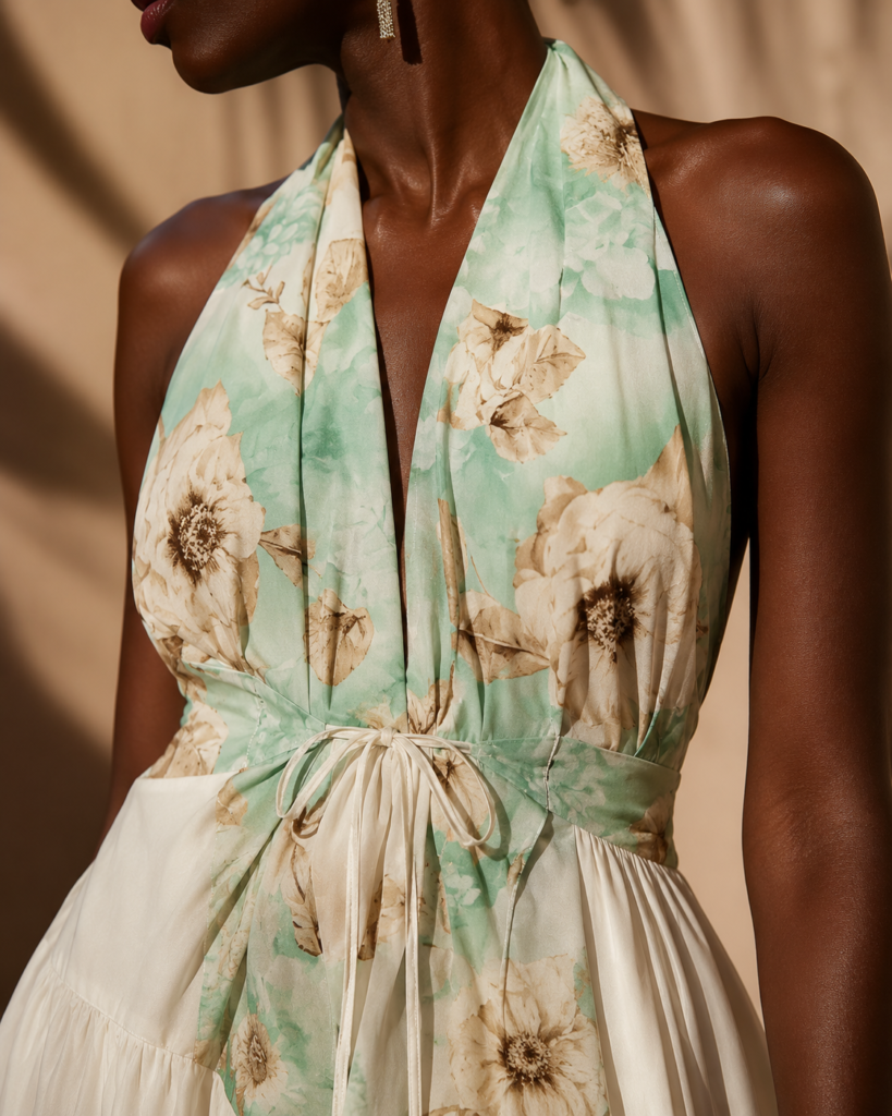 Mint Floral Halter Tie-Waist Maxi Dress