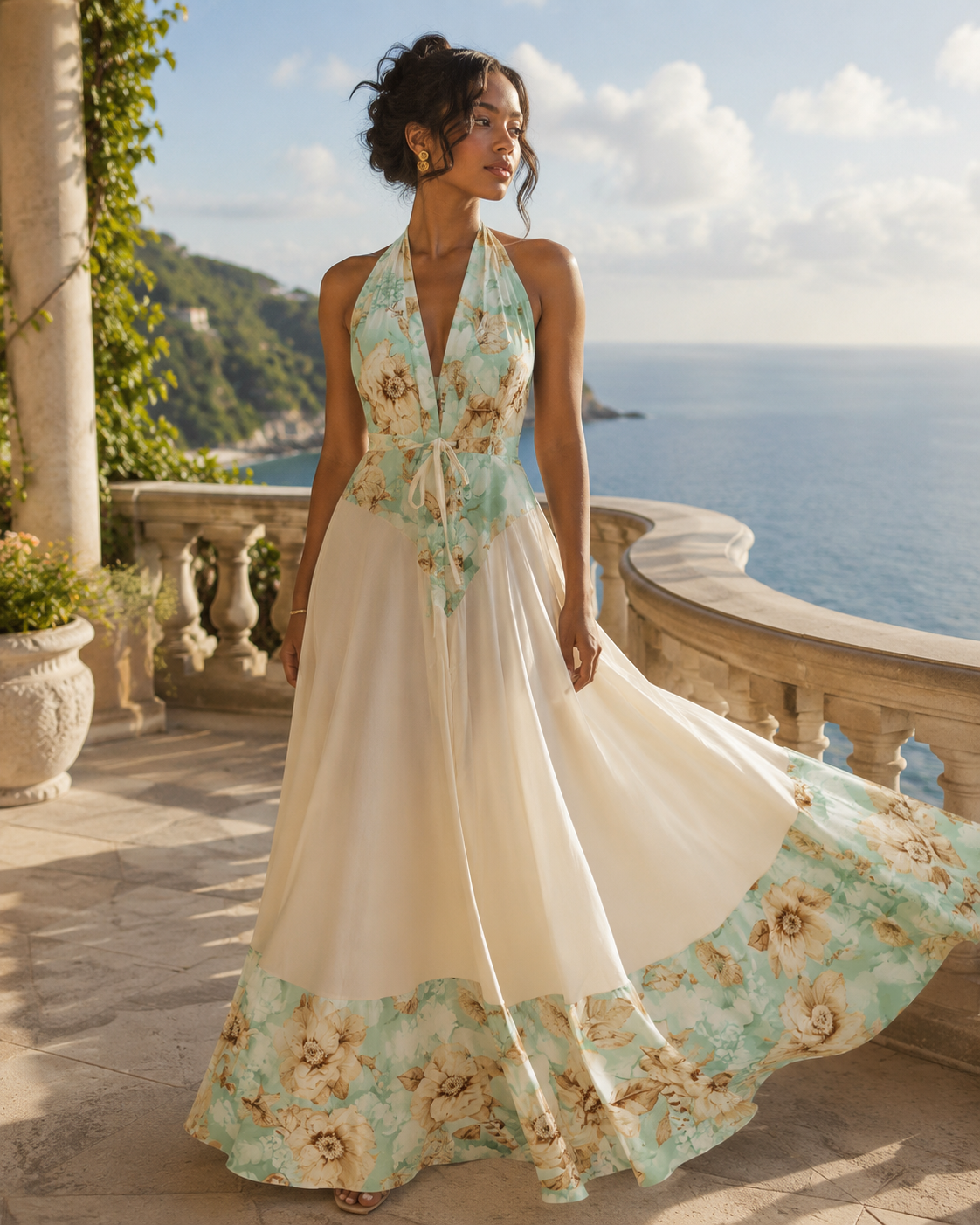 SHELLA — Robe longue fleurie menthe dos-nu à taille nouée / Mint Floral Halter Tie-Waist Maxi Dress / فستان طويل مزهّر منعنع برقبة هالتر وخصر مربوط