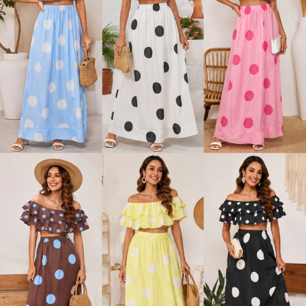 SHELLA — Ensemble à pois : top court épaules dénudées à volants & jupe longue / Off-Shoulder Polka Dot Crop Top & Maxi Skirt Co-Ord Set / طقم بنقشة النقاط: توب قصير مكشوف الكتفين بكشكش وتنورة طويلة