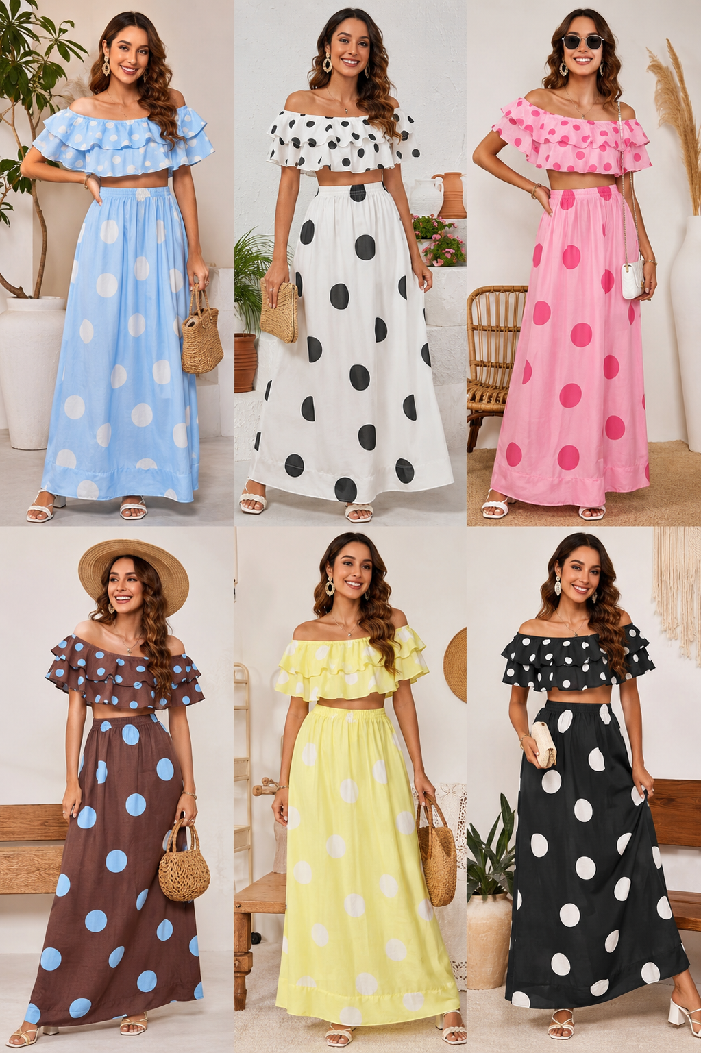 SHELLA — Ensemble à pois : top court épaules dénudées à volants & jupe longue / Off-Shoulder Polka Dot Crop Top & Maxi Skirt Co-Ord Set / طقم بنقشة النقاط: توب قصير مكشوف الكتفين بكشكش وتنورة طويلة