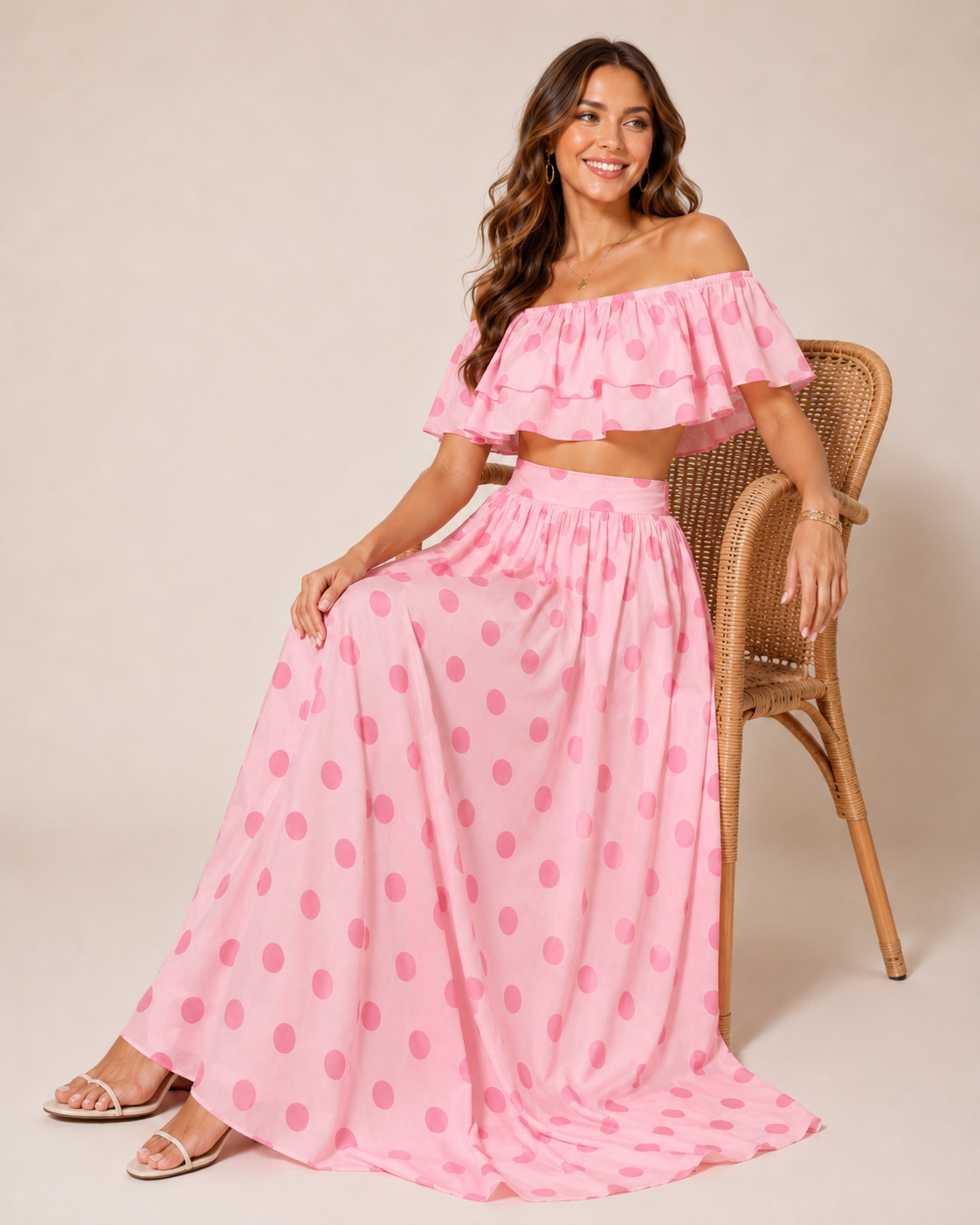 SHELLA — Ensemble à pois : top court épaules dénudées à volants & jupe longue / Off-Shoulder Polka Dot Crop Top & Maxi Skirt Co-Ord Set / طقم بنقشة النقاط: توب قصير مكشوف الكتفين بكشكش وتنورة طويلة