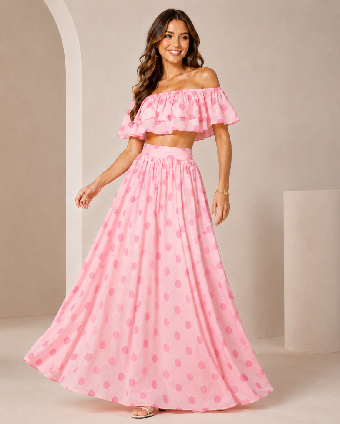 SHELLA — Ensemble à pois : top court épaules dénudées à volants & jupe longue / Off-Shoulder Polka Dot Crop Top & Maxi Skirt Co-Ord Set / طقم بنقشة النقاط: توب قصير مكشوف الكتفين بكشكش وتنورة طويلة