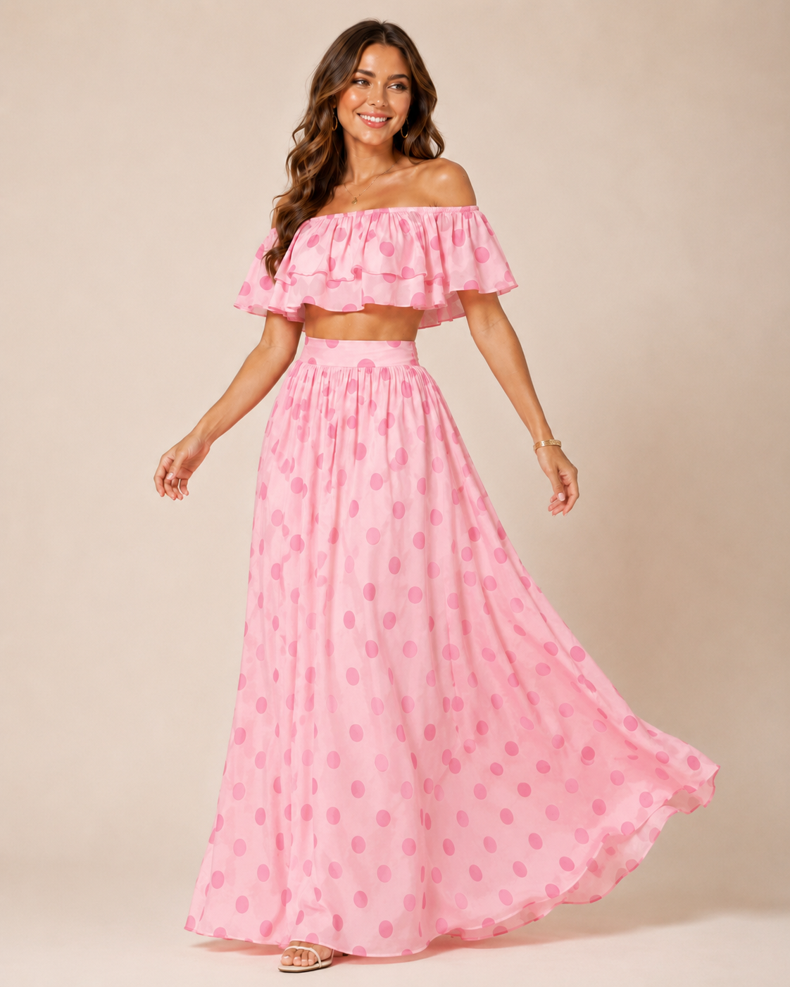SHELLA — Ensemble à pois : top court épaules dénudées à volants & jupe longue / Off-Shoulder Polka Dot Crop Top & Maxi Skirt Co-Ord Set / طقم بنقشة النقاط: توب قصير مكشوف الكتفين بكشكش وتنورة طويلة