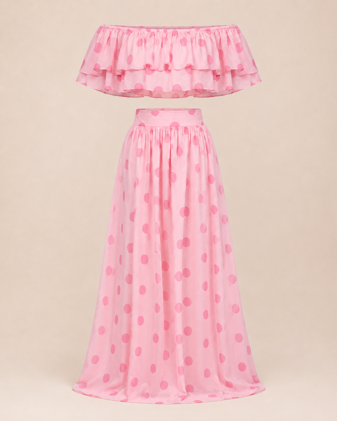 SHELLA — Ensemble à pois : top court épaules dénudées à volants & jupe longue / Off-Shoulder Polka Dot Crop Top & Maxi Skirt Co-Ord Set / طقم بنقشة النقاط: توب قصير مكشوف الكتفين بكشكش وتنورة طويلة