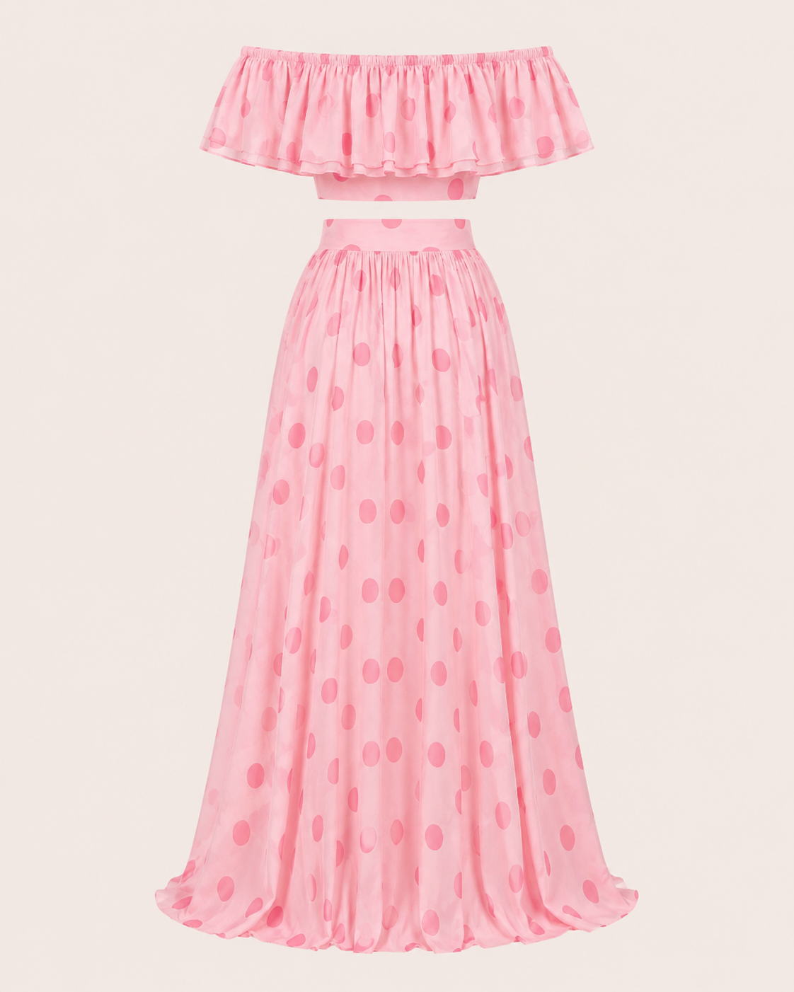 SHELLA — Ensemble à pois : top court épaules dénudées à volants & jupe longue / Off-Shoulder Polka Dot Crop Top & Maxi Skirt Co-Ord Set / طقم بنقشة النقاط: توب قصير مكشوف الكتفين بكشكش وتنورة طويلة