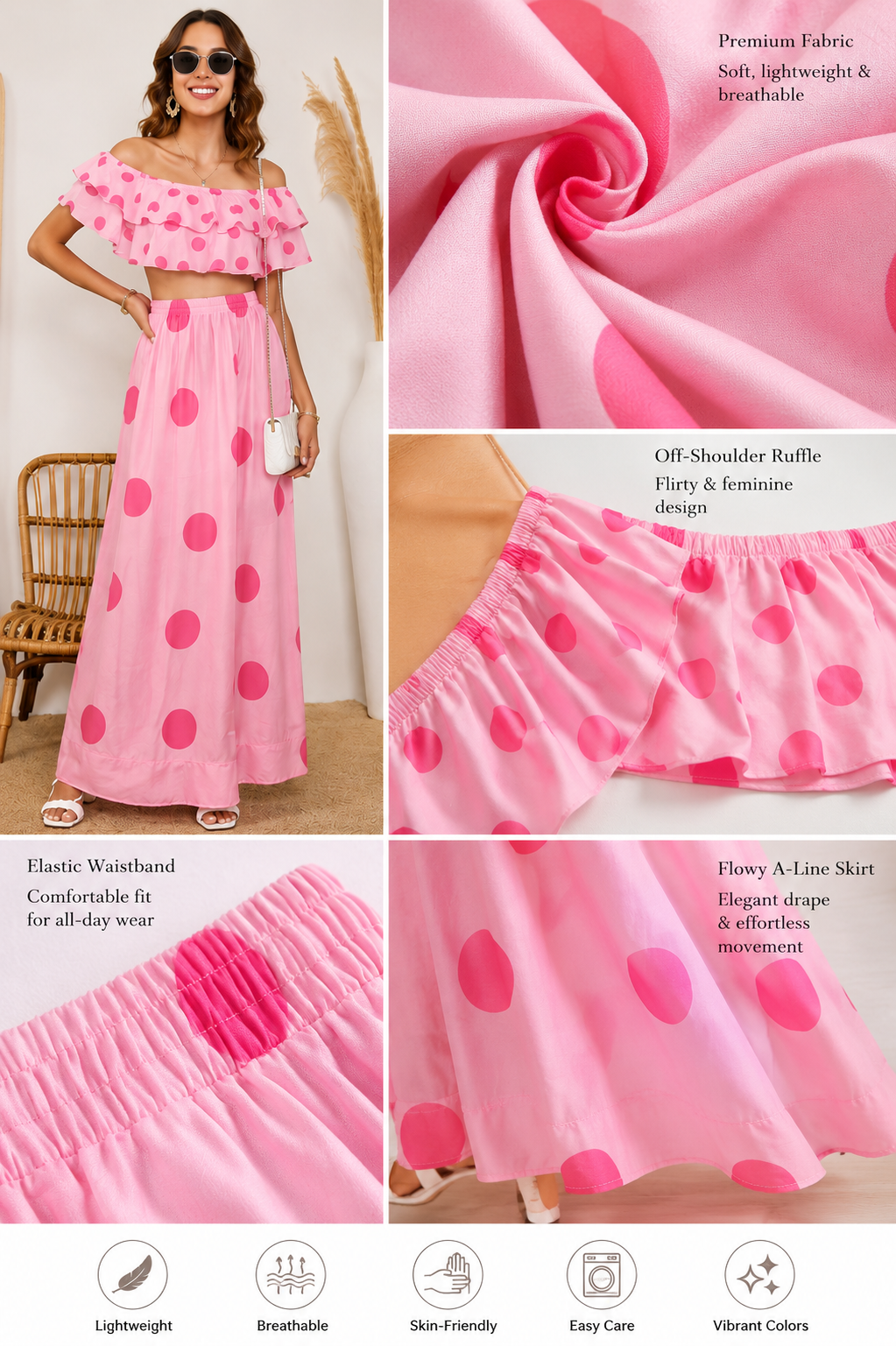 SHELLA — Ensemble à pois : top court épaules dénudées à volants & jupe longue / Off-Shoulder Polka Dot Crop Top & Maxi Skirt Co-Ord Set / طقم بنقشة النقاط: توب قصير مكشوف الكتفين بكشكش وتنورة طويلة