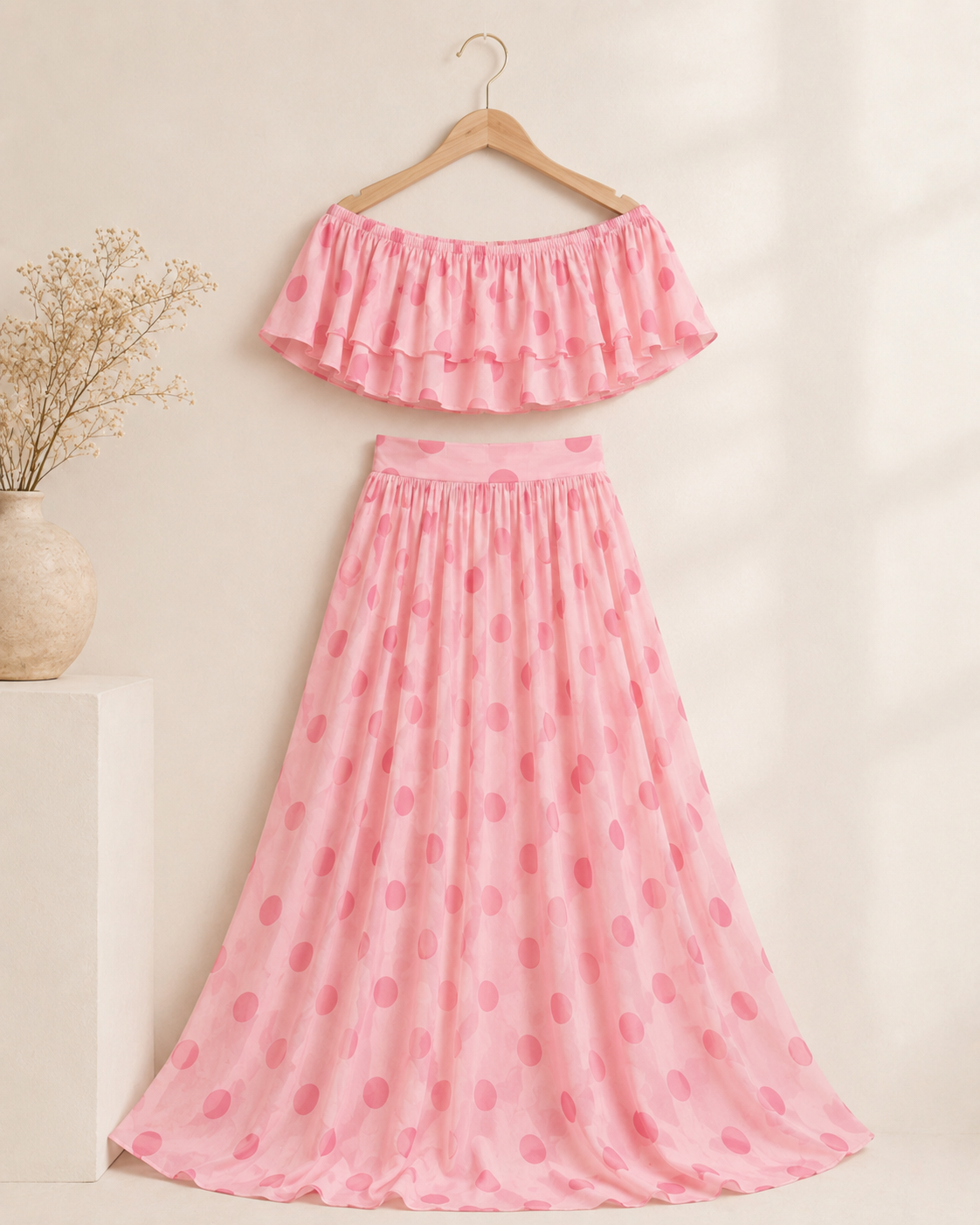 SHELLA — Ensemble à pois : top court épaules dénudées à volants & jupe longue / Off-Shoulder Polka Dot Crop Top & Maxi Skirt Co-Ord Set / طقم بنقشة النقاط: توب قصير مكشوف الكتفين بكشكش وتنورة طويلة