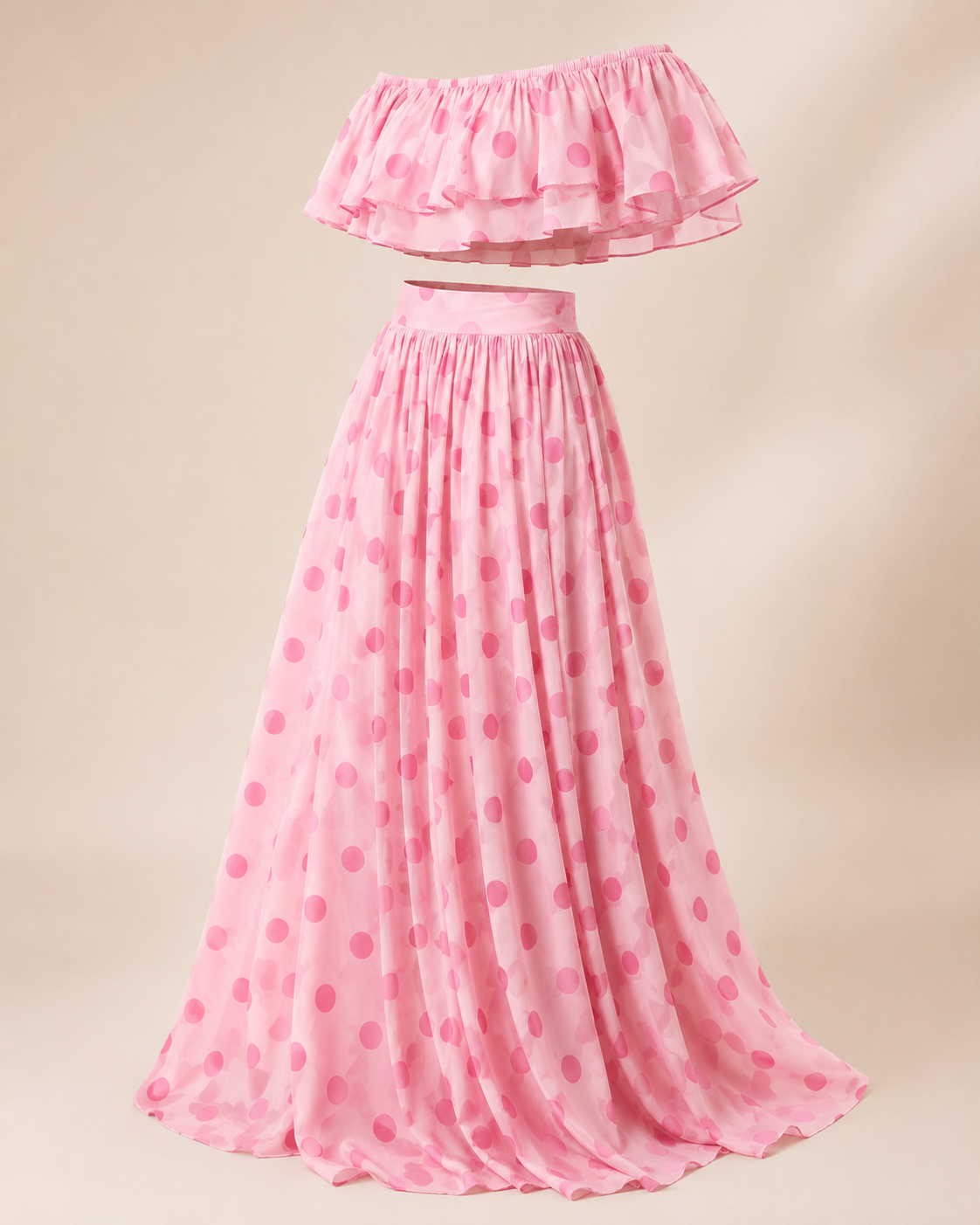 SHELLA — Ensemble à pois : top court épaules dénudées à volants & jupe longue / Off-Shoulder Polka Dot Crop Top & Maxi Skirt Co-Ord Set / طقم بنقشة النقاط: توب قصير مكشوف الكتفين بكشكش وتنورة طويلة