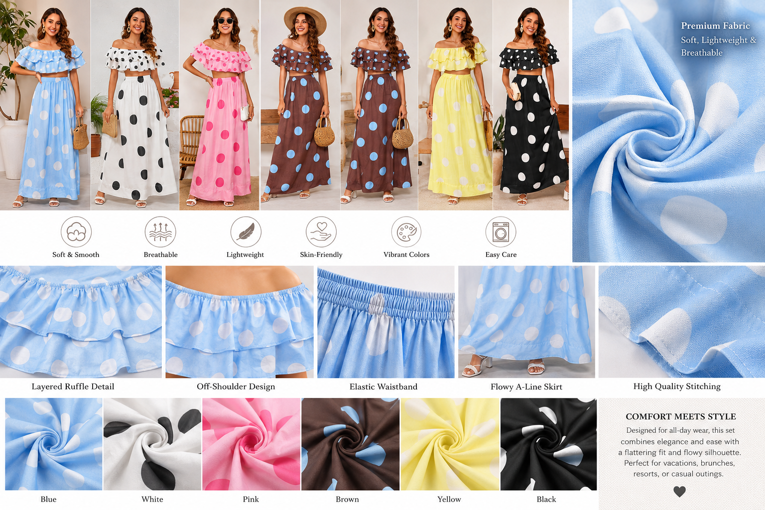 SHELLA — Ensemble à pois : top court épaules dénudées à volants & jupe longue / Off-Shoulder Polka Dot Crop Top & Maxi Skirt Co-Ord Set / طقم بنقشة النقاط: توب قصير مكشوف الكتفين بكشكش وتنورة طويلة