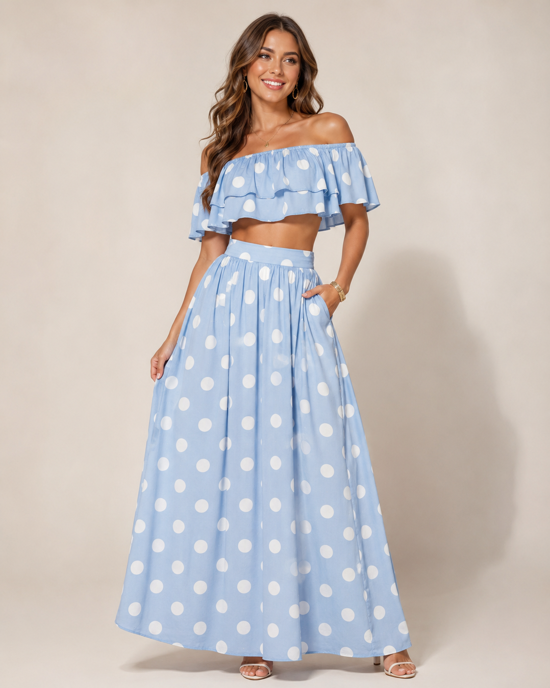 SHELLA — Ensemble à pois : top court épaules dénudées à volants & jupe longue / Off-Shoulder Polka Dot Crop Top & Maxi Skirt Co-Ord Set / طقم بنقشة النقاط: توب قصير مكشوف الكتفين بكشكش وتنورة طويلة
