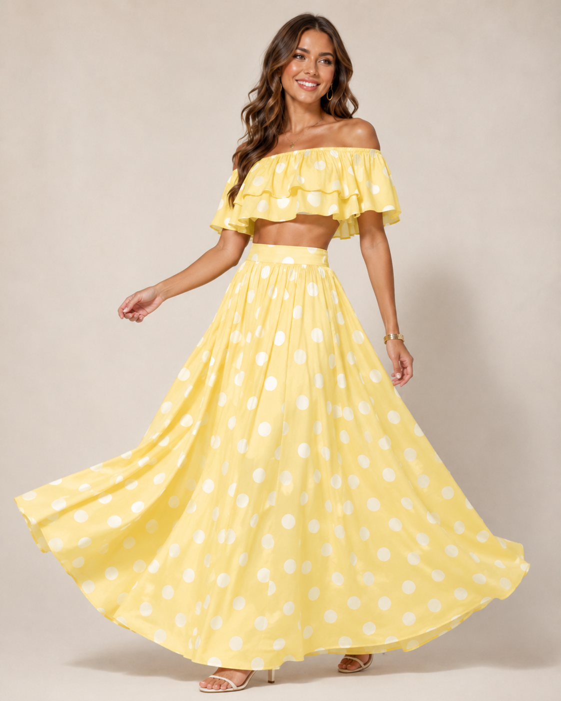 SHELLA — Ensemble à pois : top court épaules dénudées à volants & jupe longue / Off-Shoulder Polka Dot Crop Top & Maxi Skirt Co-Ord Set / طقم بنقشة النقاط: توب قصير مكشوف الكتفين بكشكش وتنورة طويلة