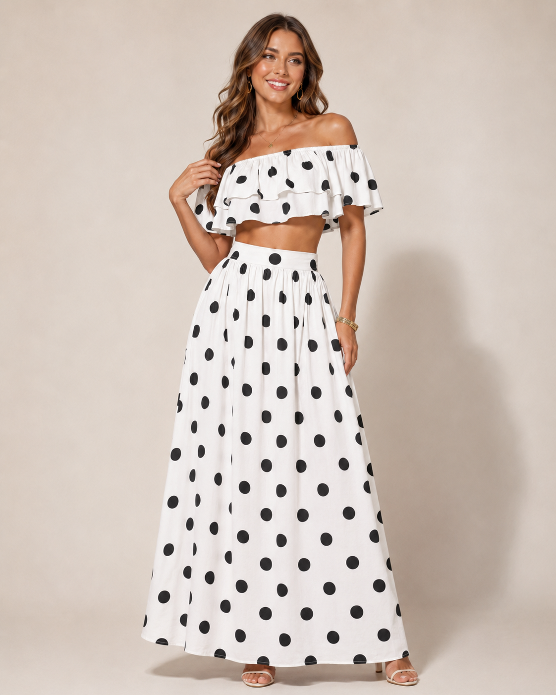 SHELLA — Ensemble à pois : top court épaules dénudées à volants & jupe longue / Off-Shoulder Polka Dot Crop Top & Maxi Skirt Co-Ord Set / طقم بنقشة النقاط: توب قصير مكشوف الكتفين بكشكش وتنورة طويلة