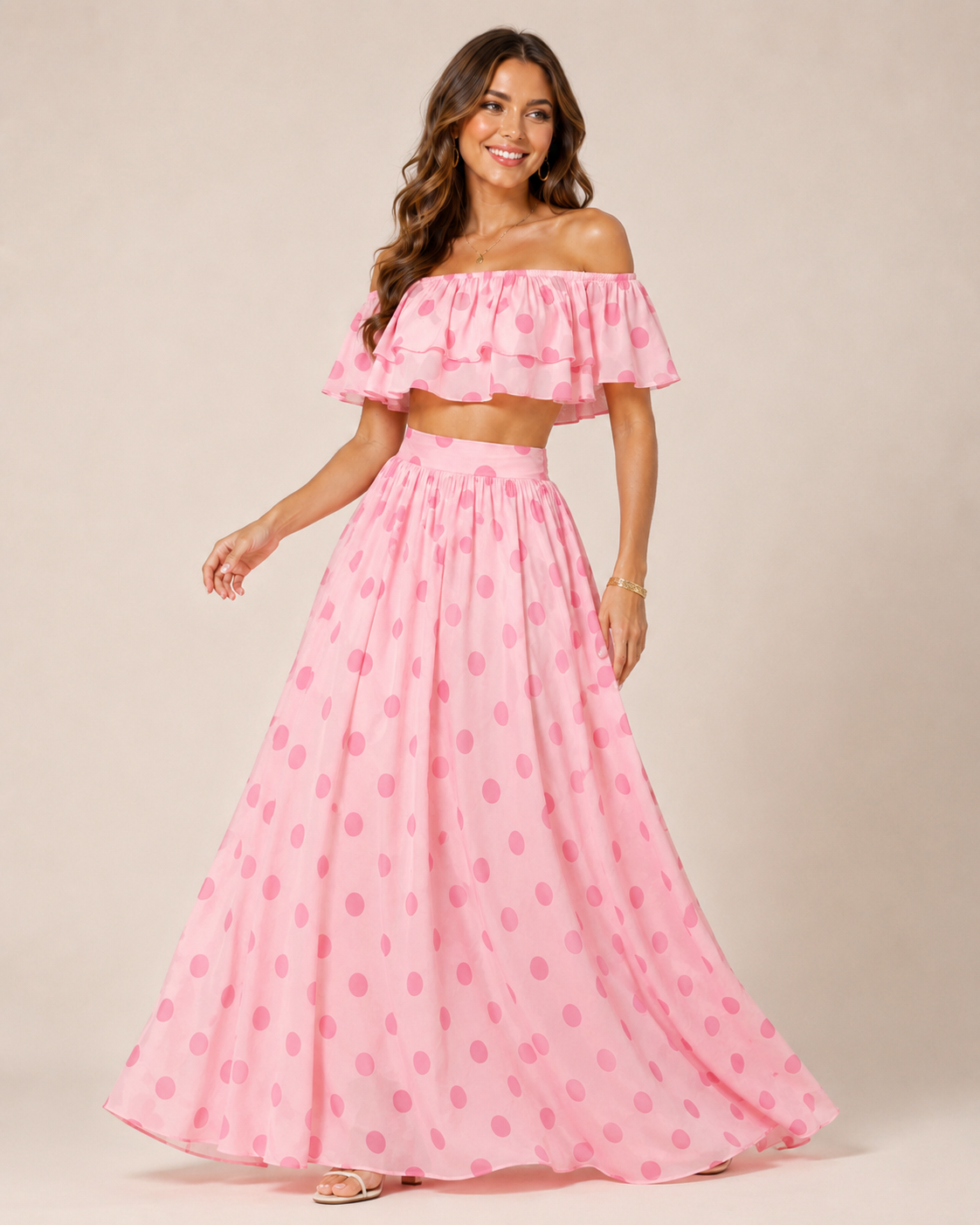 SHELLA — Ensemble à pois : top court épaules dénudées à volants & jupe longue / Off-Shoulder Polka Dot Crop Top & Maxi Skirt Co-Ord Set / طقم بنقشة النقاط: توب قصير مكشوف الكتفين بكشكش وتنورة طويلة