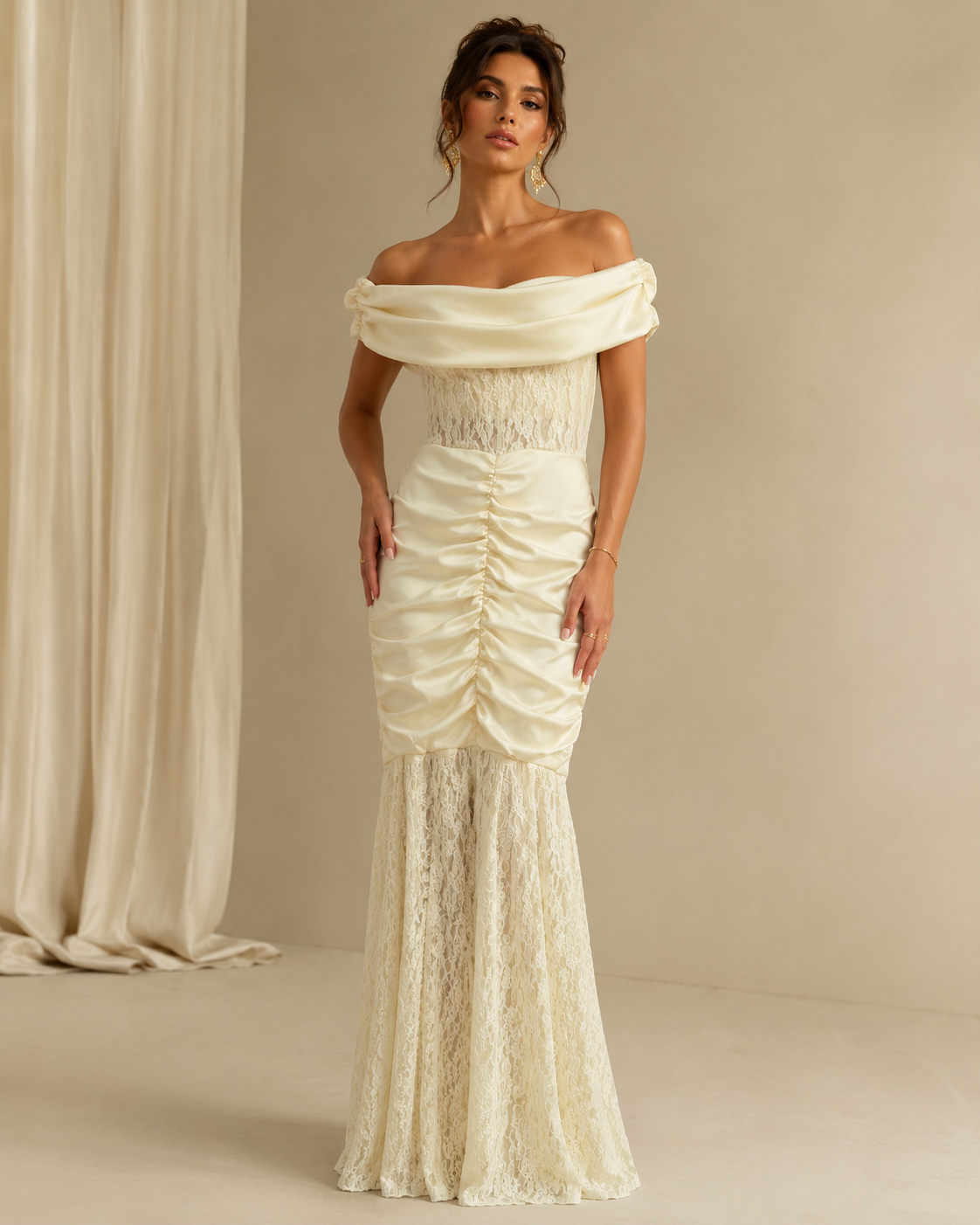 SHELLA — Robe longue sirène épaules dénudées en dentelle froncée / Off-Shoulder Ruched Lace Mermaid Maxi Dress / فستان طويل حورية بأكتاف مكشوفة ودانتيل مكشكش