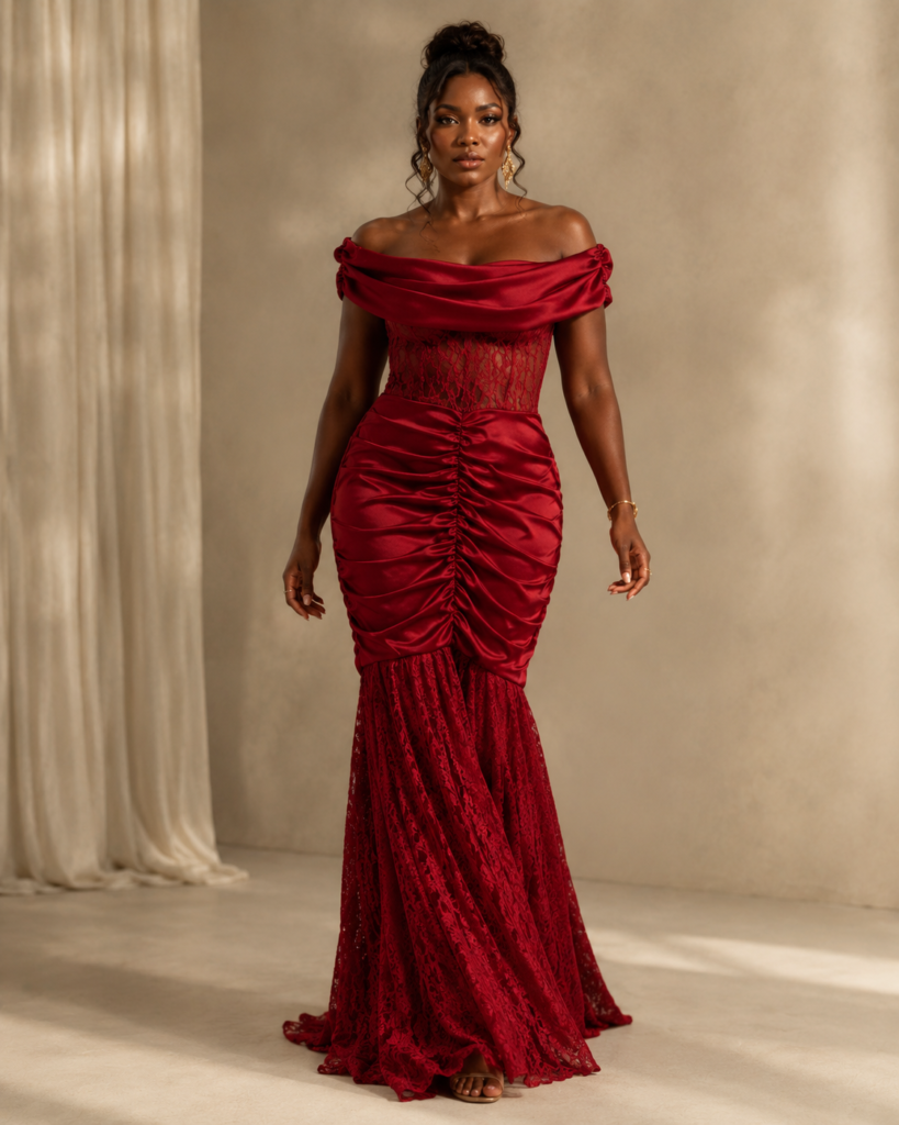 Off-Shoulder Ruched Lace Mermaid Maxi Dress