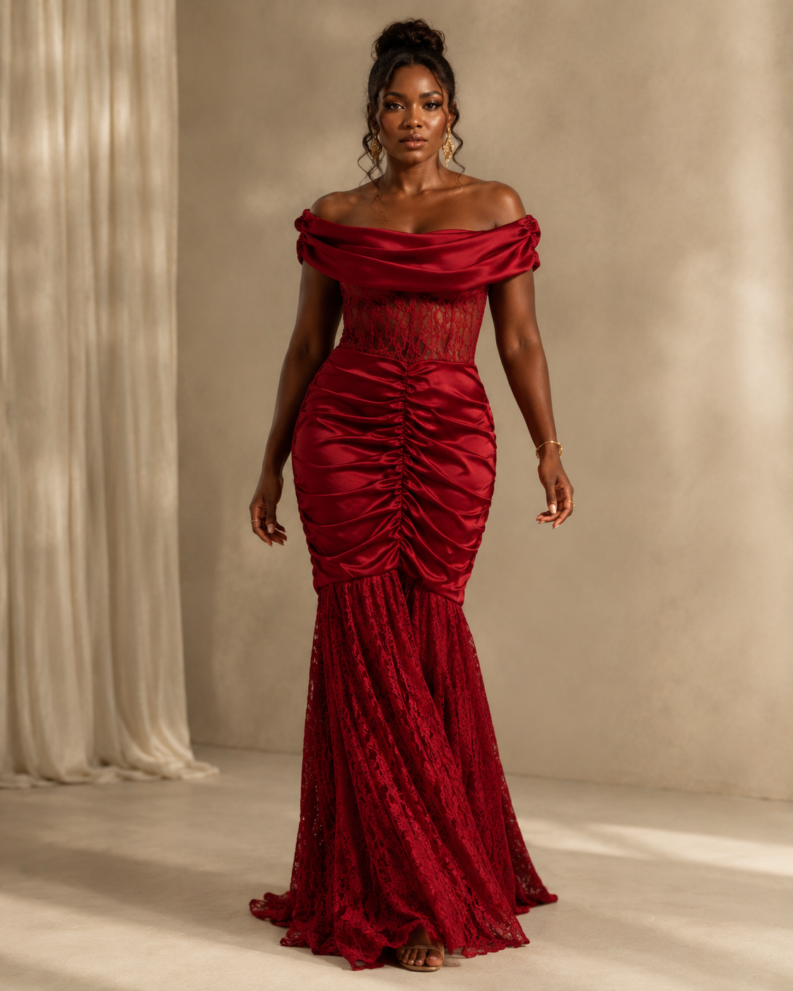 SHELLA — Robe longue sirène épaules dénudées en dentelle froncée / Off-Shoulder Ruched Lace Mermaid Maxi Dress / فستان طويل حورية بأكتاف مكشوفة ودانتيل مكشكش